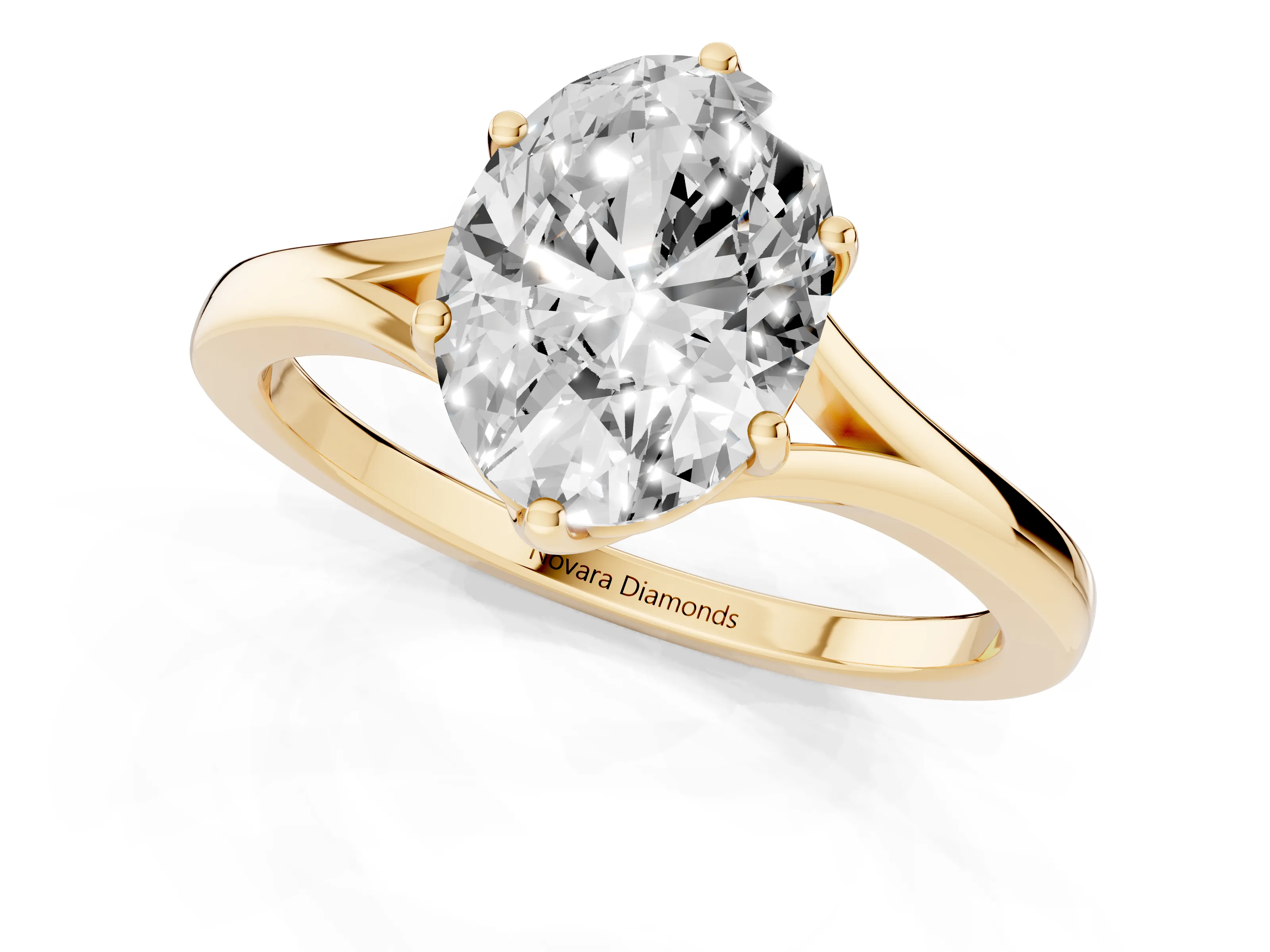 Oval Cut Diamond Solitaire Ring Set in Yellow gold with Polished Tapered Band and Prong Setting