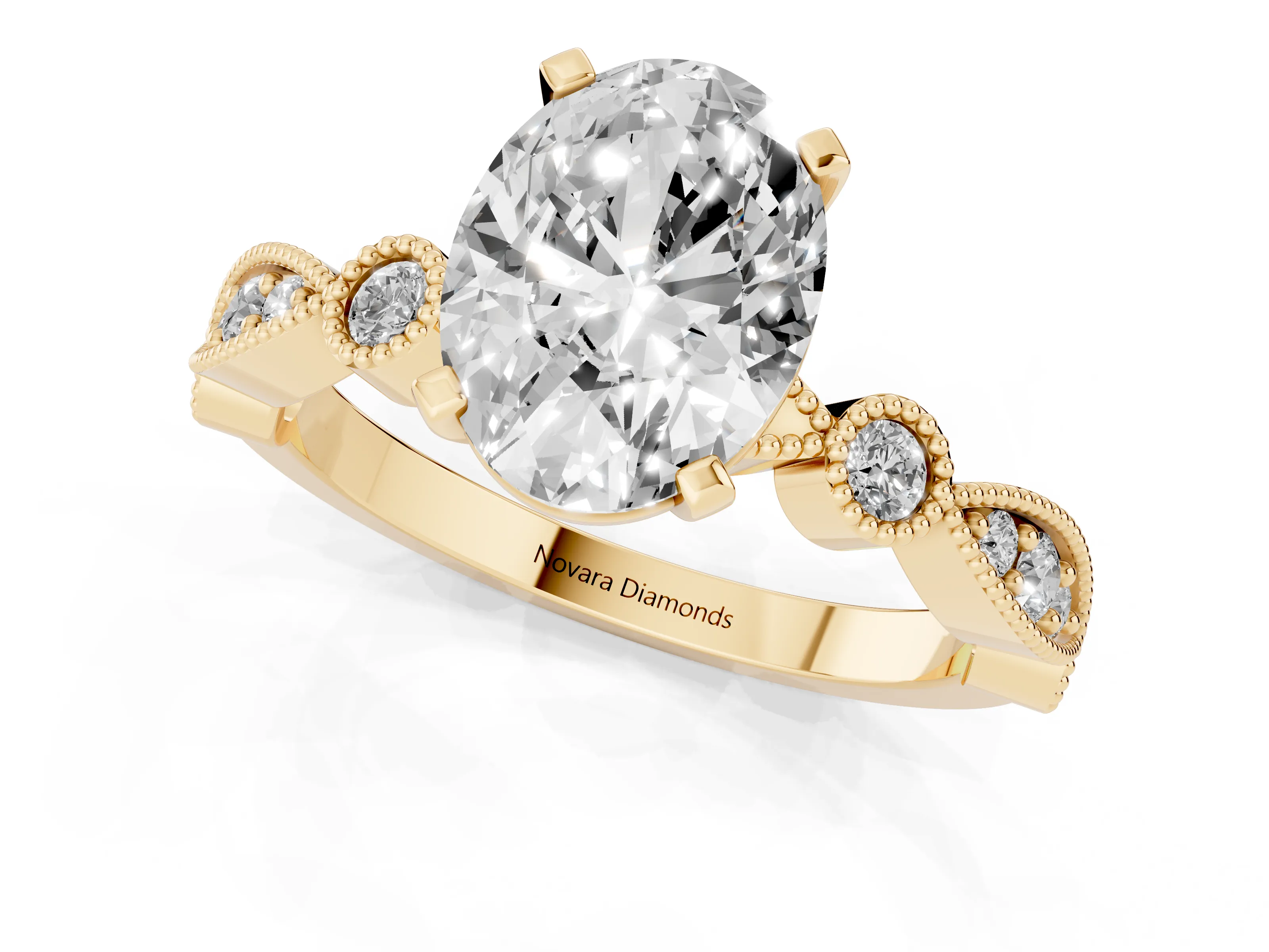 Oval Cut Diamond Solitaire Engagement Ring Set in Yellow gold with Milgrain Bezel Accent Band
