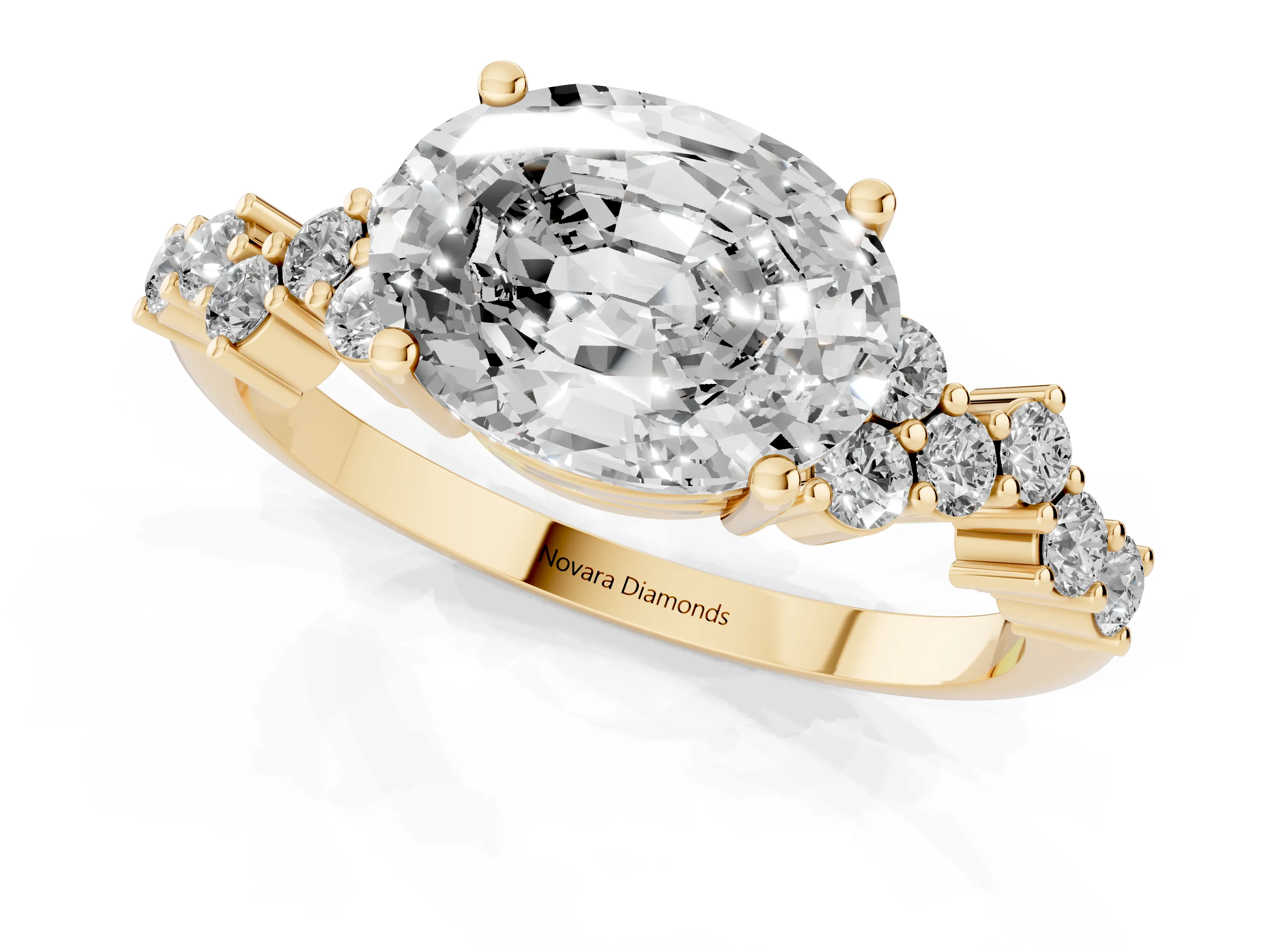 Oval Cut Diamond Ring Set in Yellow gold with Scattered Round Accents