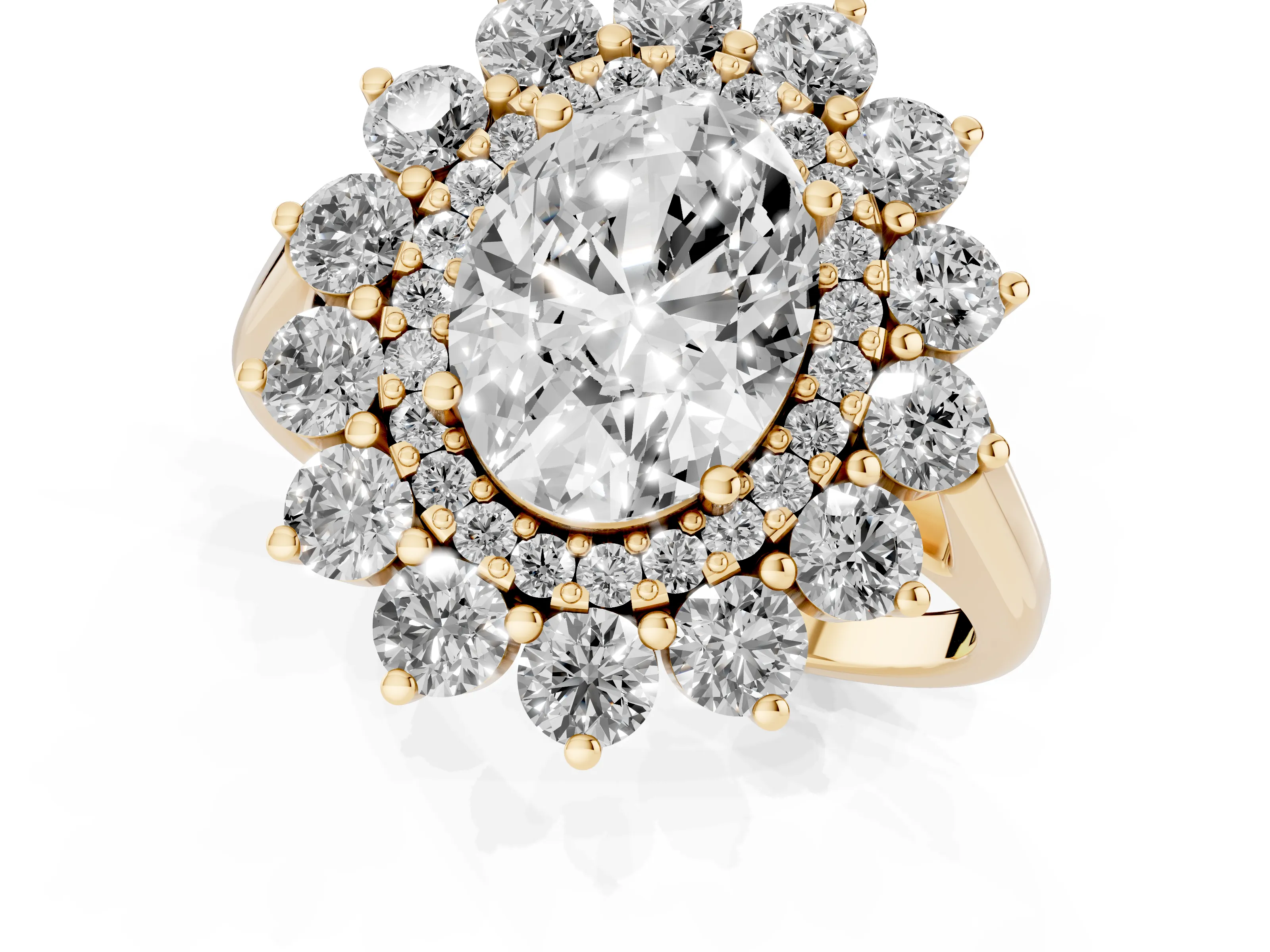 Oval Cut Diamond Floral Double Halo Ring Set in Yellow gold with Round Petals