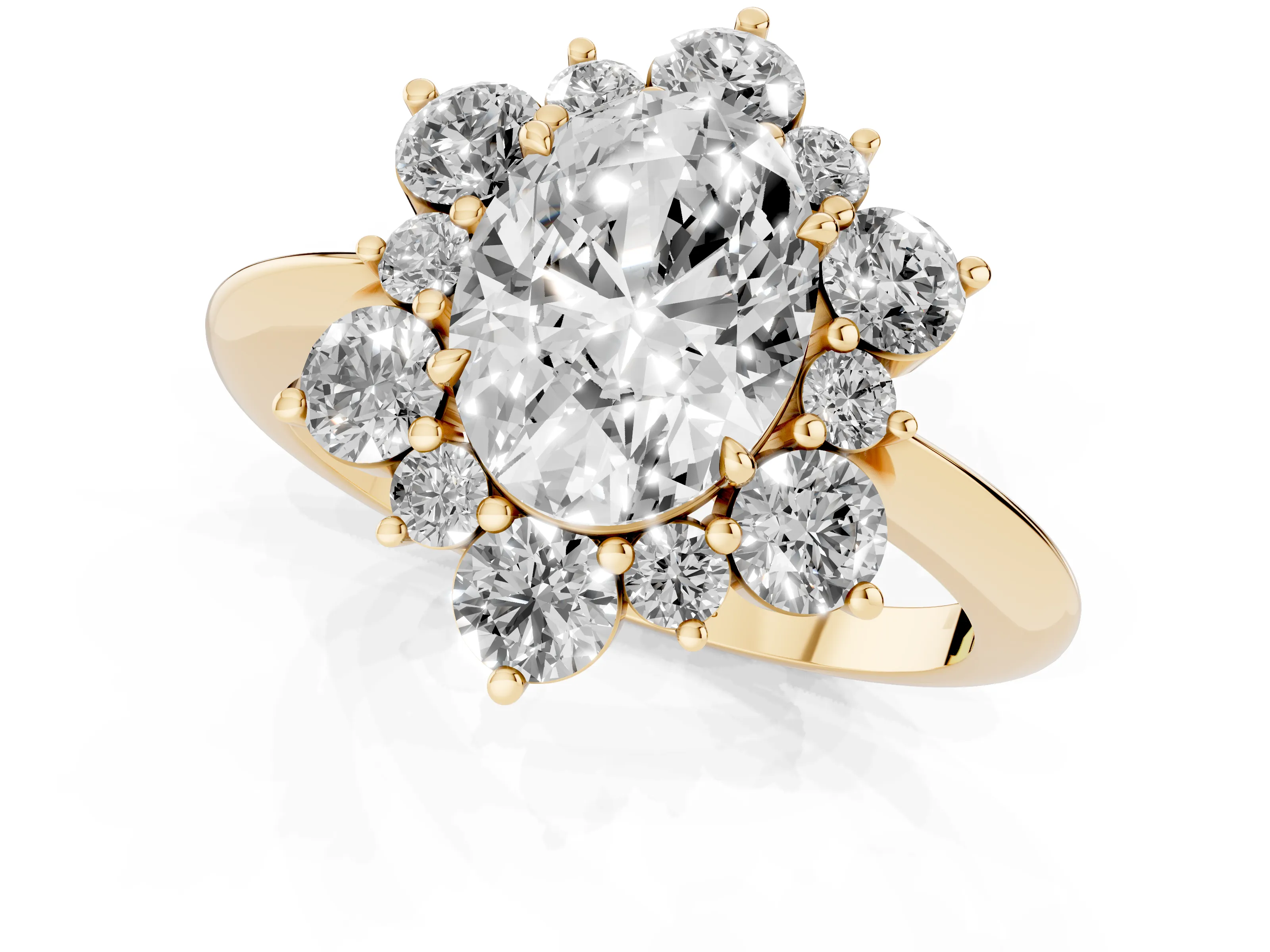 Oval Cut Diamond Cluster Halo Ring Set in Yellow gold with Solitaire Band and Prong Setting