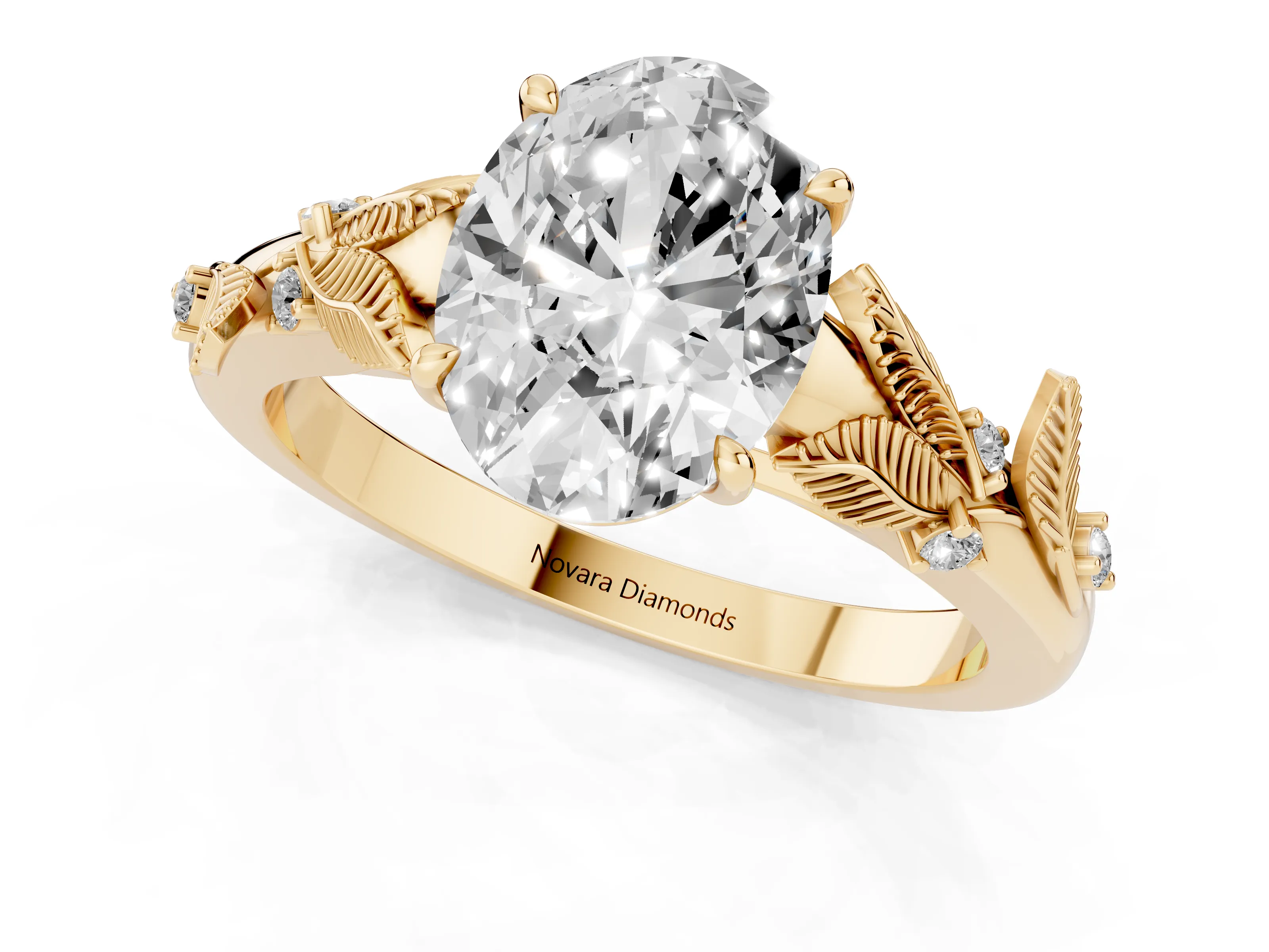 Oval Cut Diamond Solitaire Ring Set in Yellow gold with Leaf Motif Band – second view