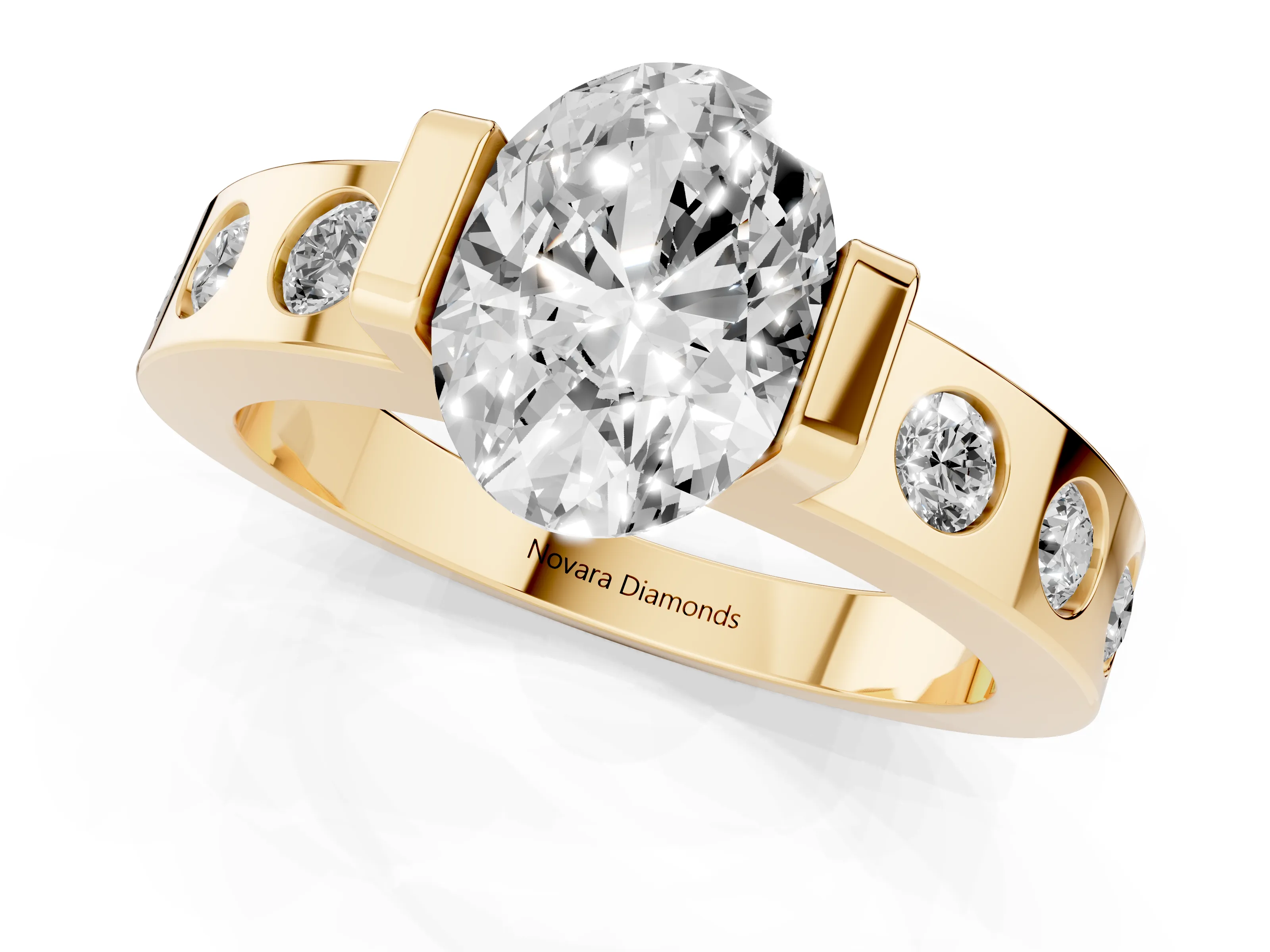 Oval Cut Diamond Channel-Set Band Ring Set in Yellow gold with Bezel Prong Setting
