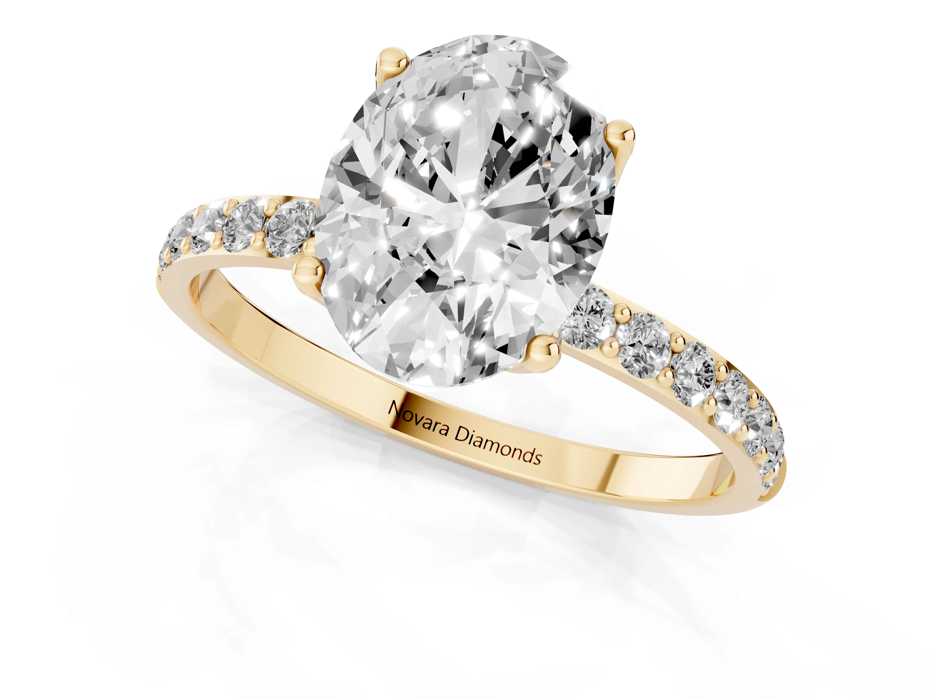 Oval Cut Diamond Solitaire Engagement Ring Set in Yellow gold with Round Pavé Band and Prong Setting