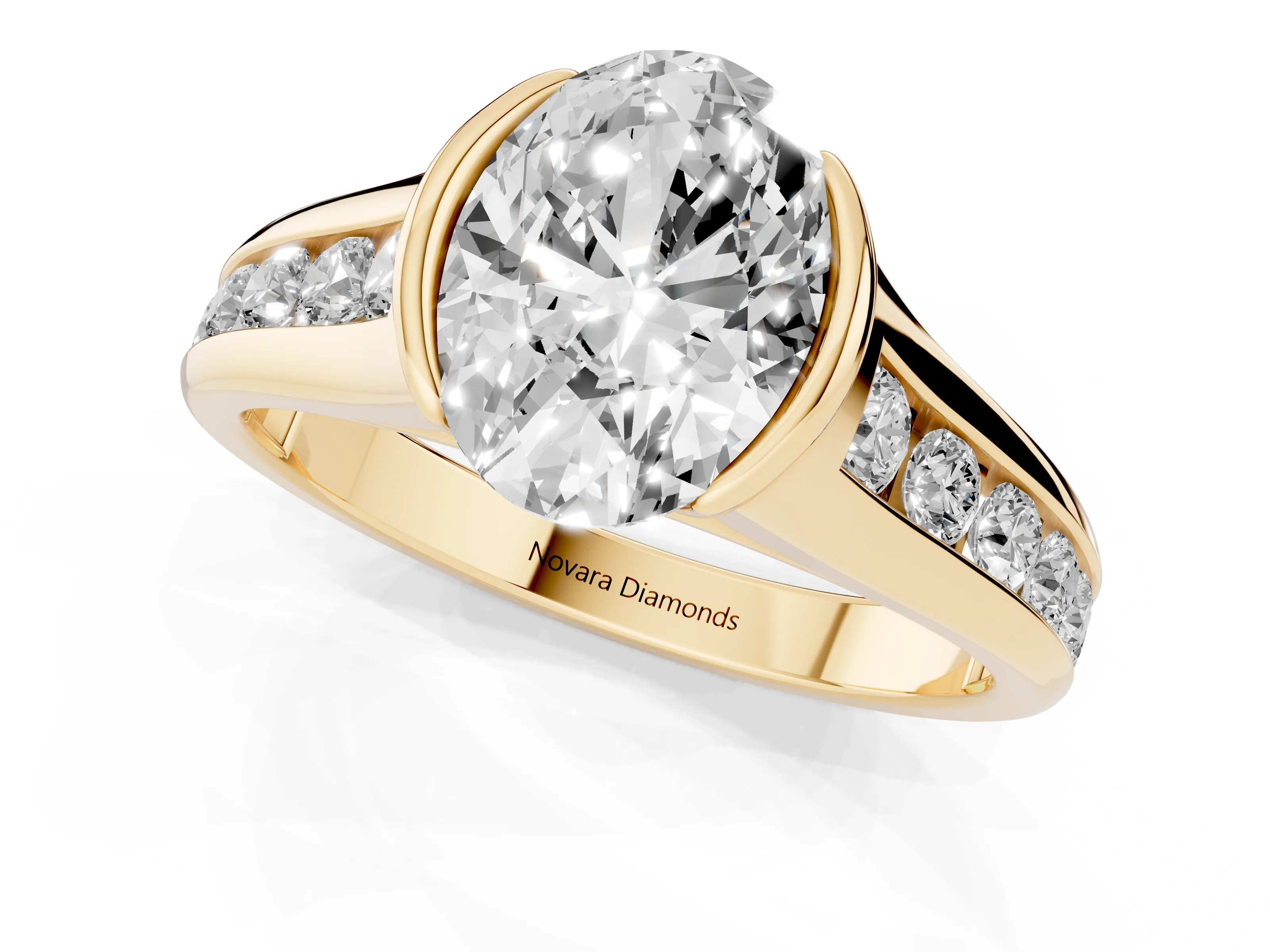 Oval Cut Diamond Bezel-Set Solitaire Ring Set in Yellow gold with Channel-Set Band