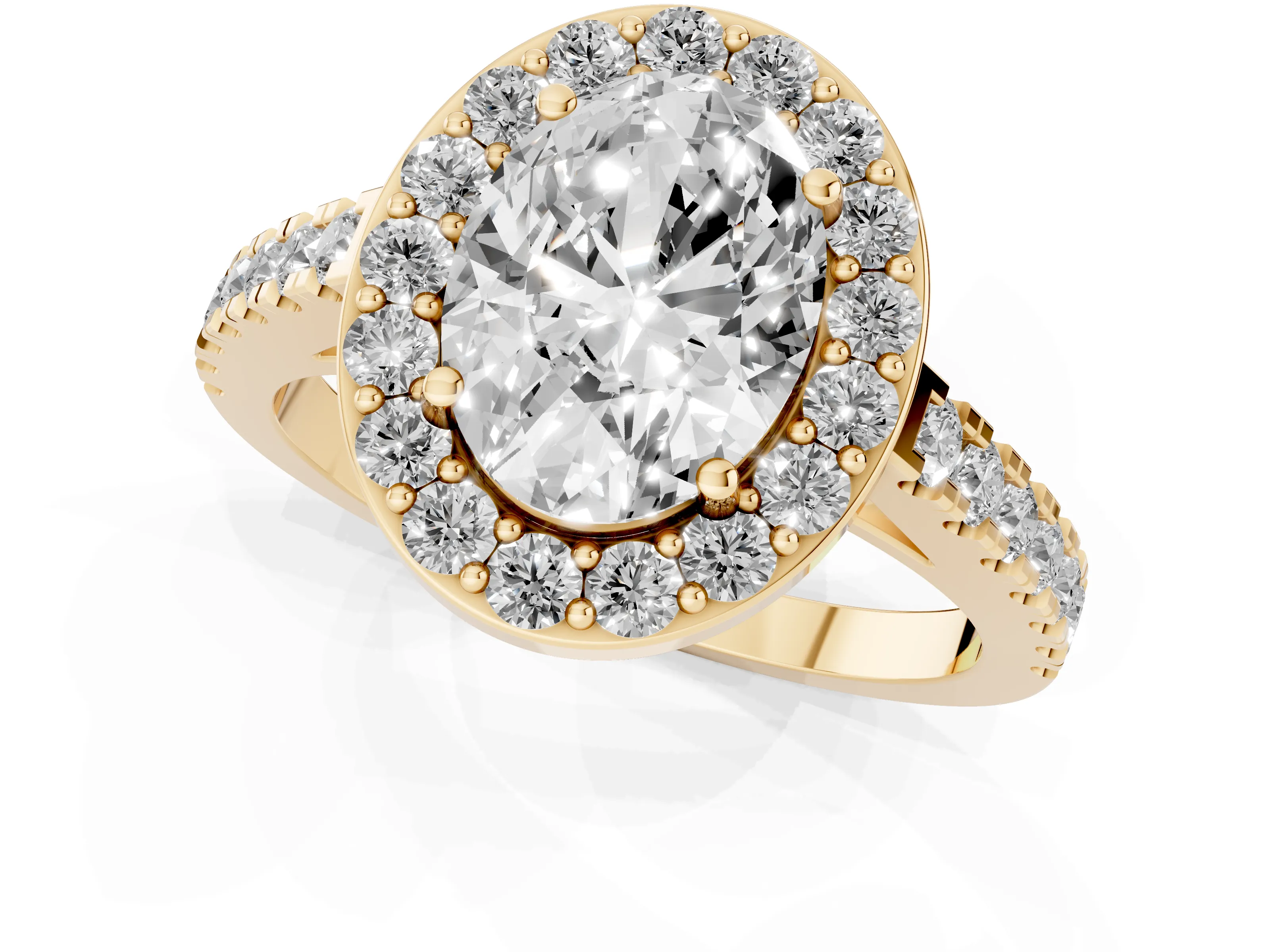 Oval Cut Diamond Halo Ring Set in Yellow gold with Round Pavé Split Shank and Prong Setting