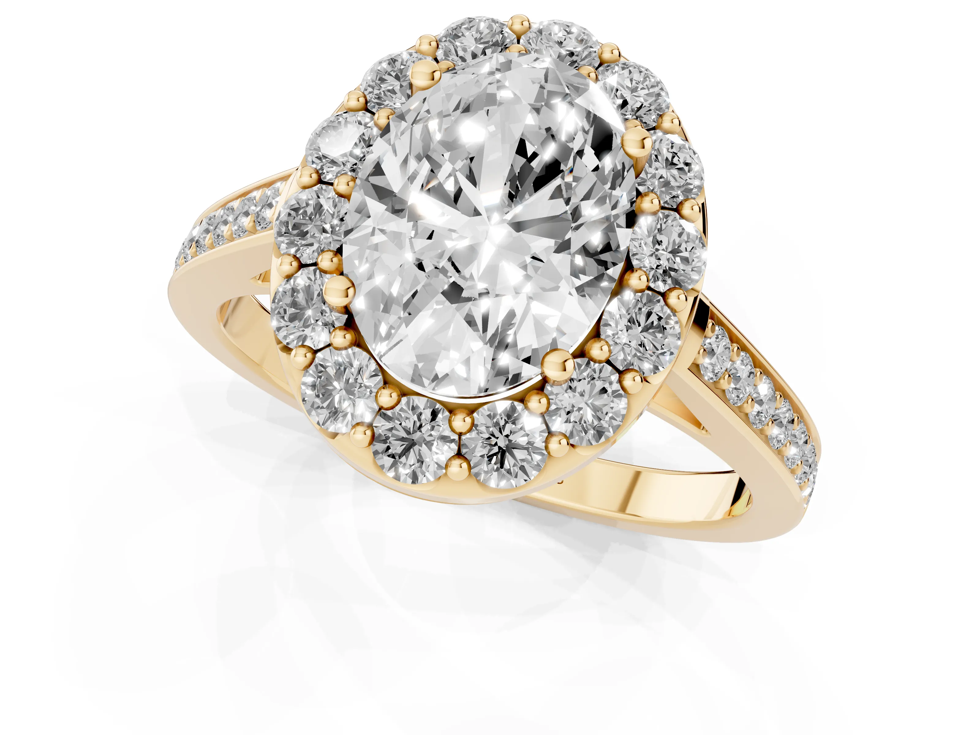 Oval Cut Diamond Floral Halo Ring Set in Yellow gold with Pavé Band and Prong Setting