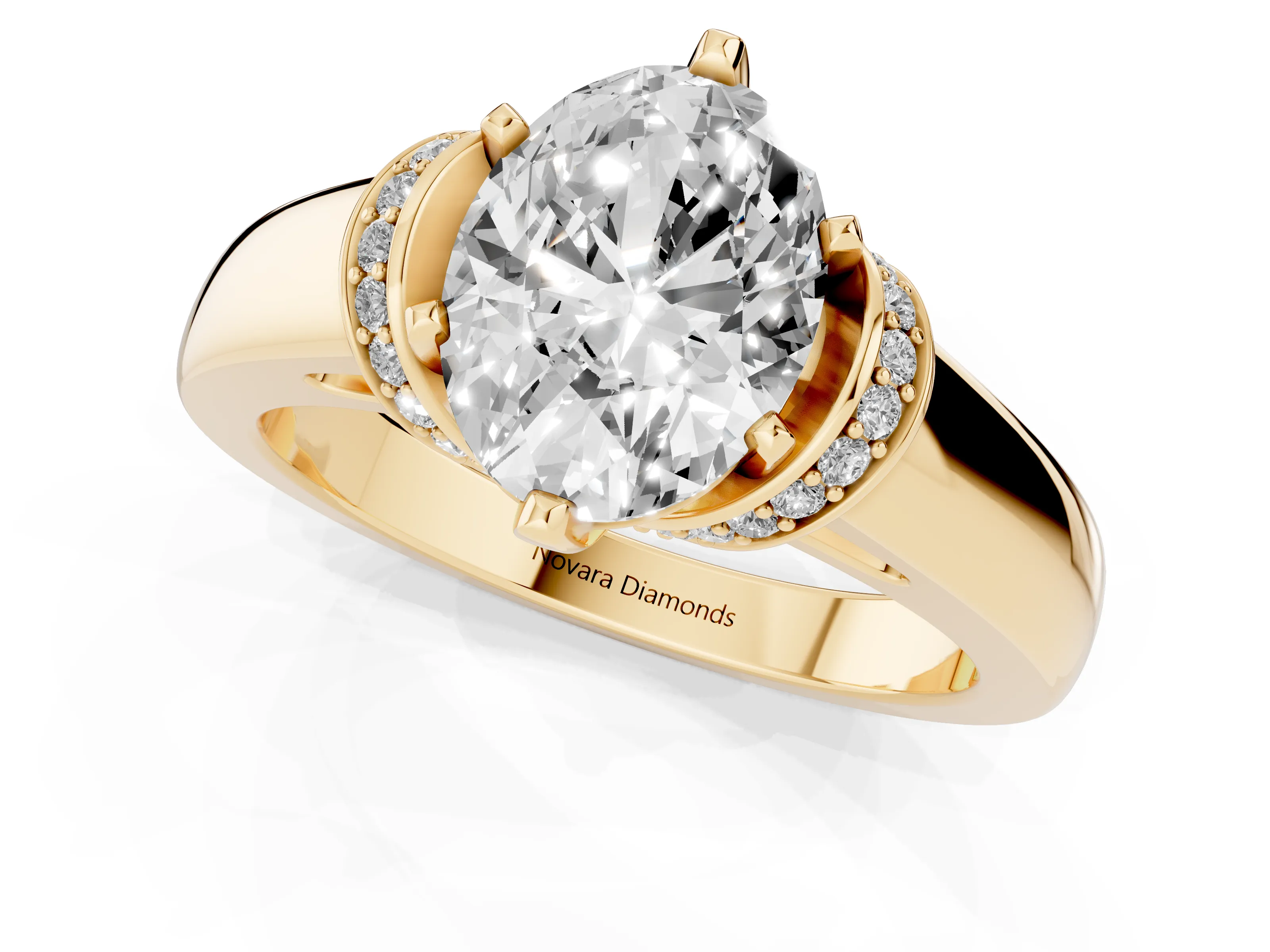Oval Cut Diamond Pavé Band Solitaire Ring Set in Yellow gold with Prong Setting