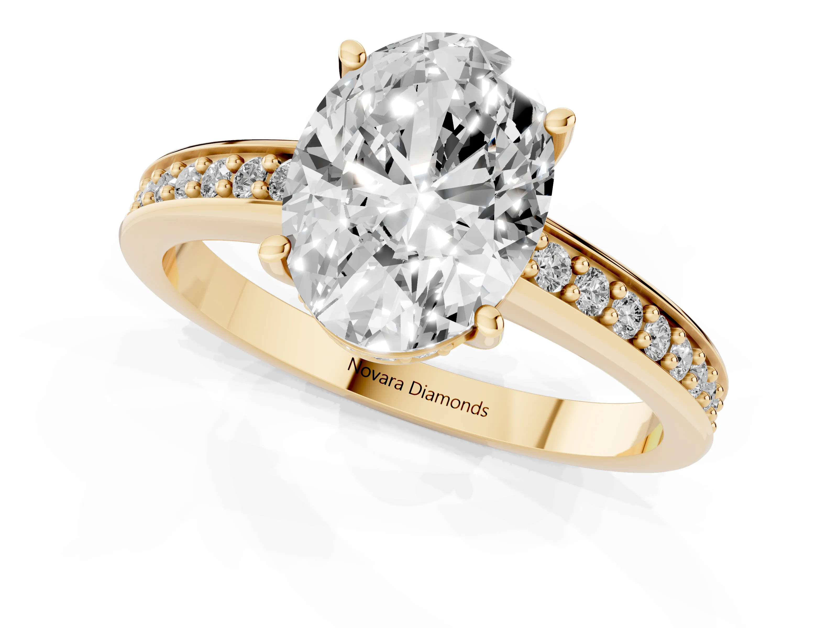 Oval Cut Diamond Pavé Band Prong Set Solitaire Ring Set in Yellow gold