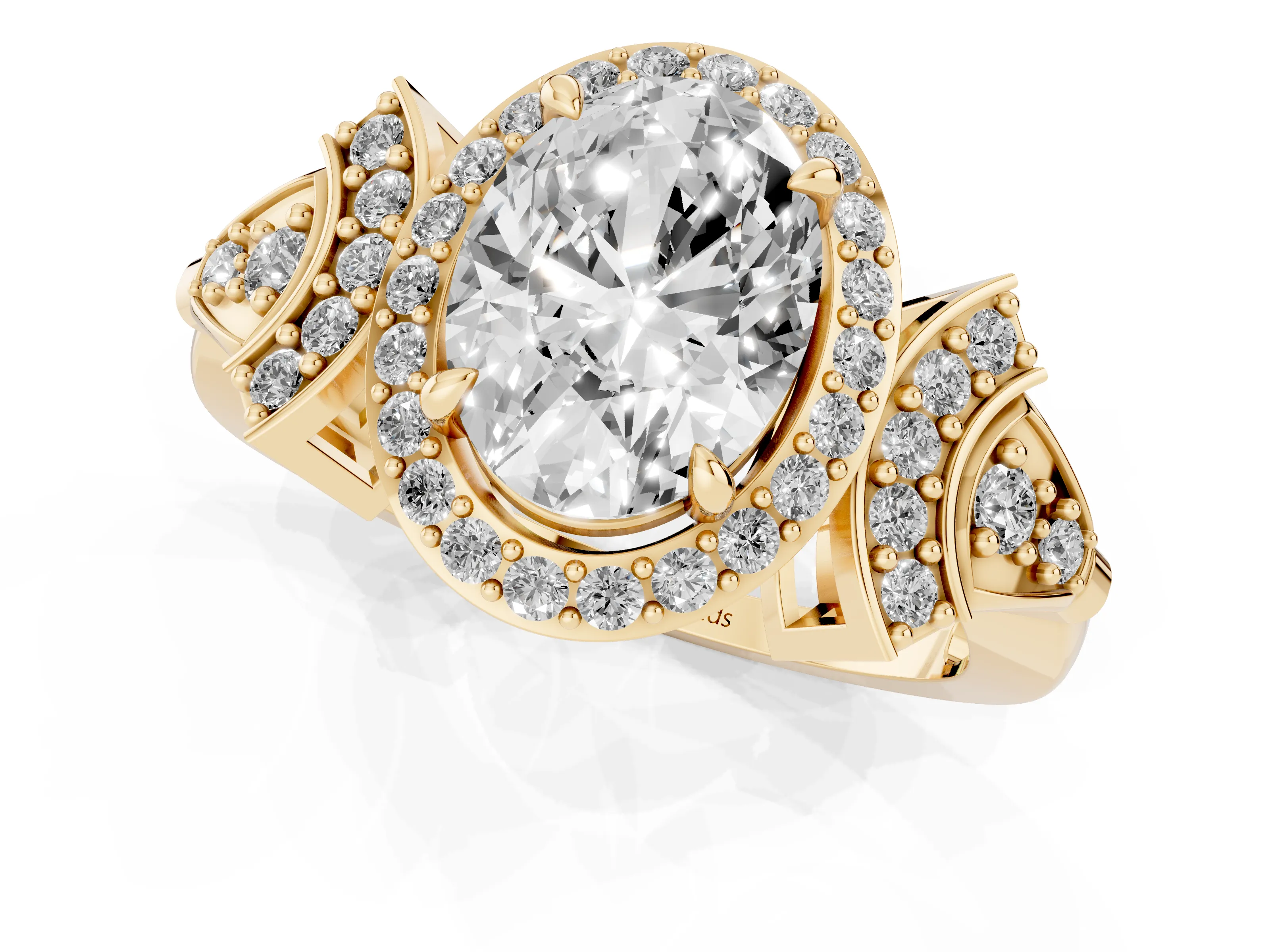 Oval Cut Diamond Halo Engagement Ring Set in Yellow gold with Accent Stone Split Shank
