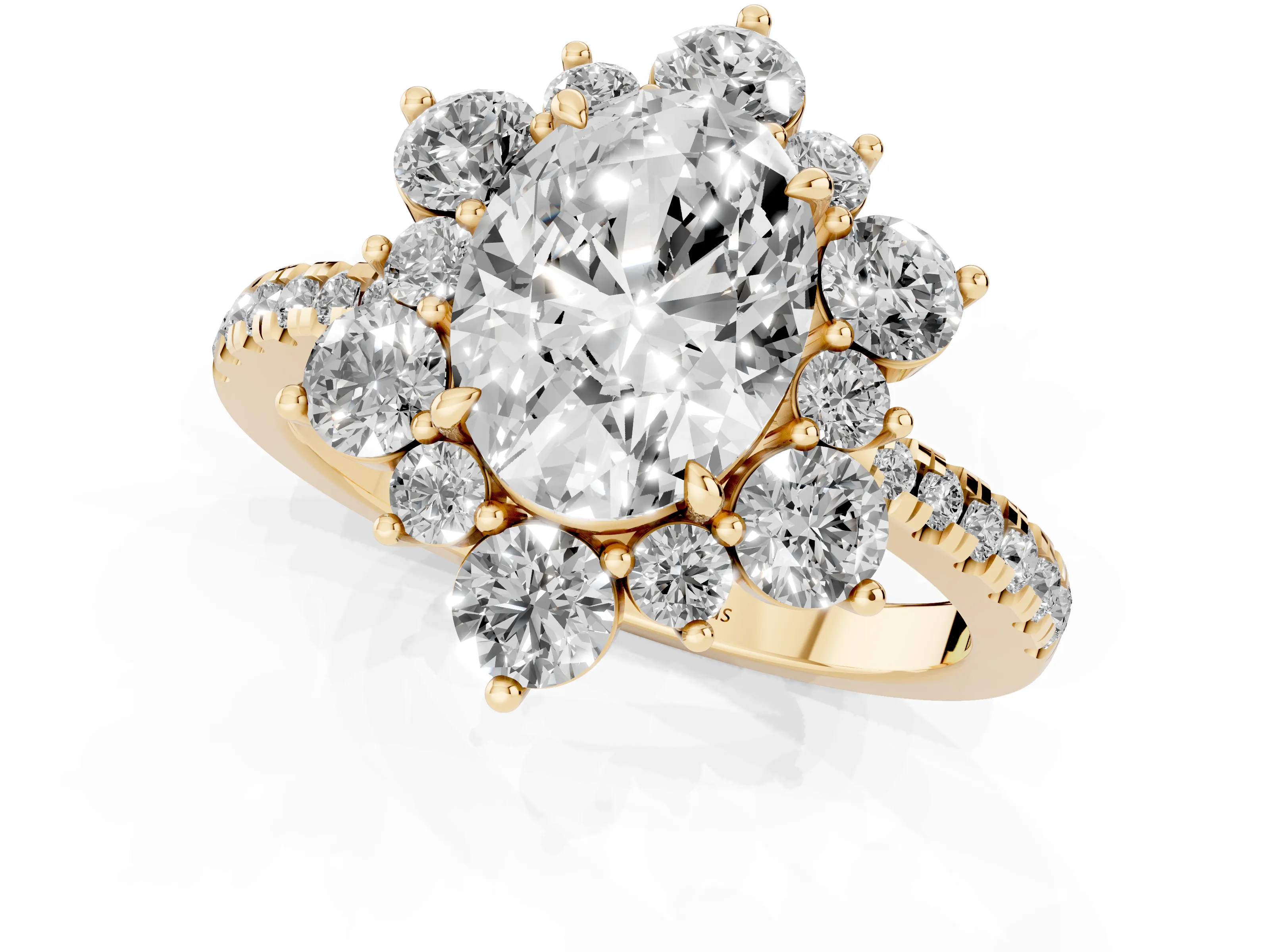 Oval Cut Diamond Floral Halo Ring Set in Yellow gold with Round Pavé Band and Prong Setting