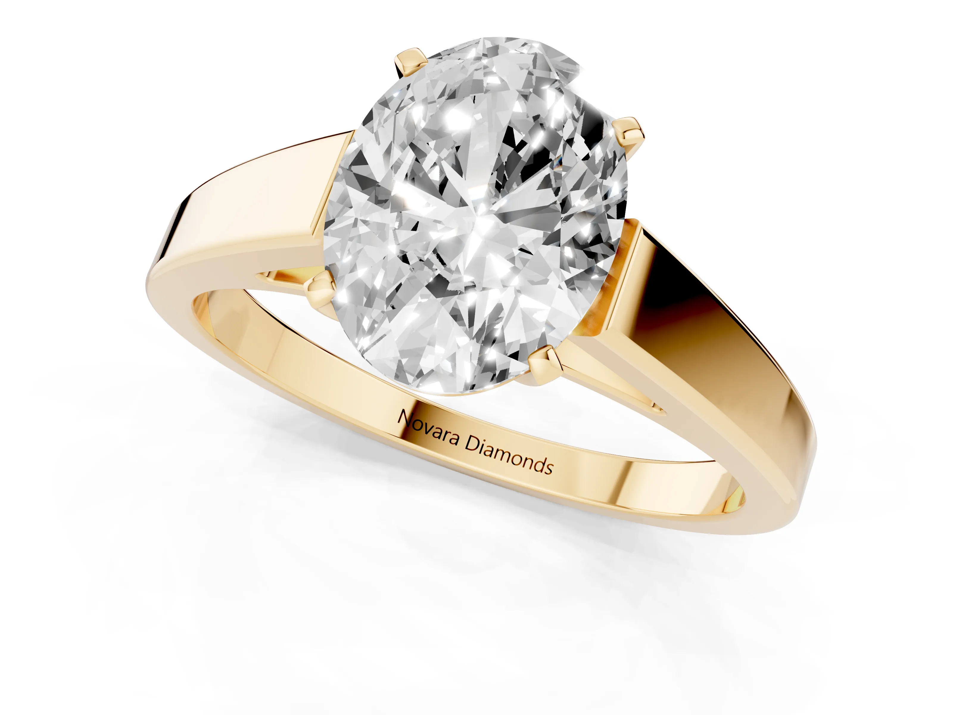 Oval Cut Diamond Solitaire Engagement Ring Set in Yellow gold with Prong Setting and Tapered Band