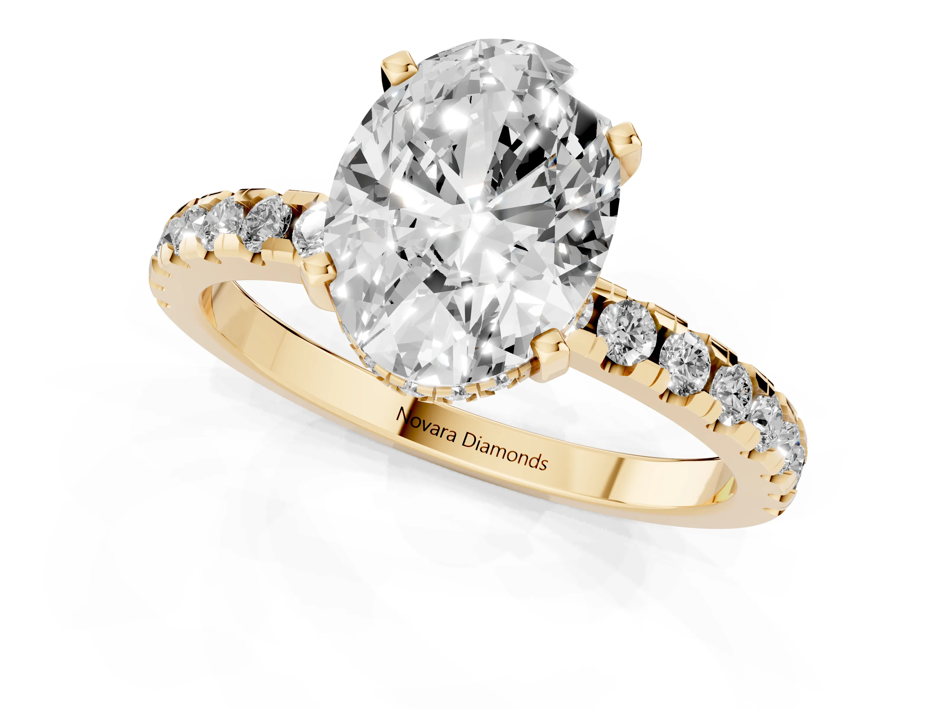 Oval Cut Diamond Pavé Solitaire Ring Set in Yellow gold with Round Band Accents and Prong Setting
