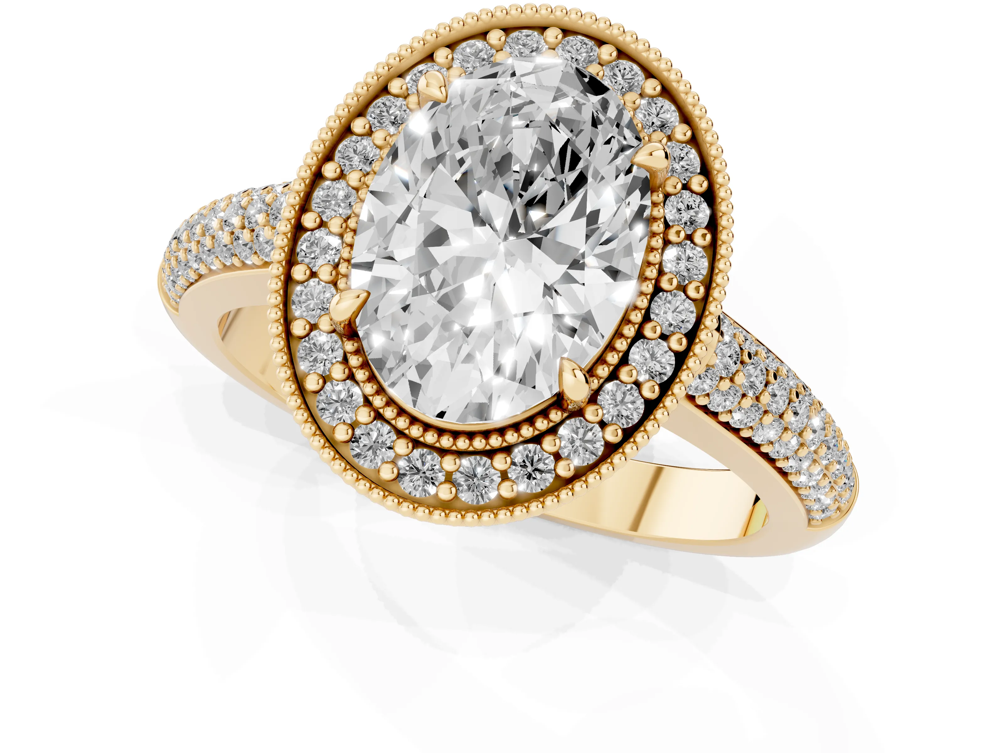 Oval Cut Diamond Halo Pavé Band Set in Yellow gold with Prong Setting