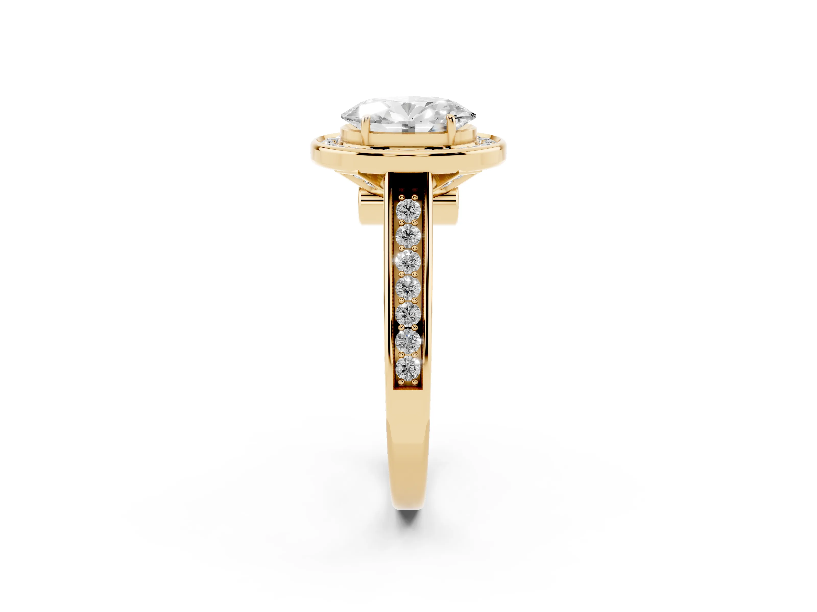 Oval Cut Diamond Halo Solitaire Ring Set in Yellow gold with Pavé Band and Bezel Setting