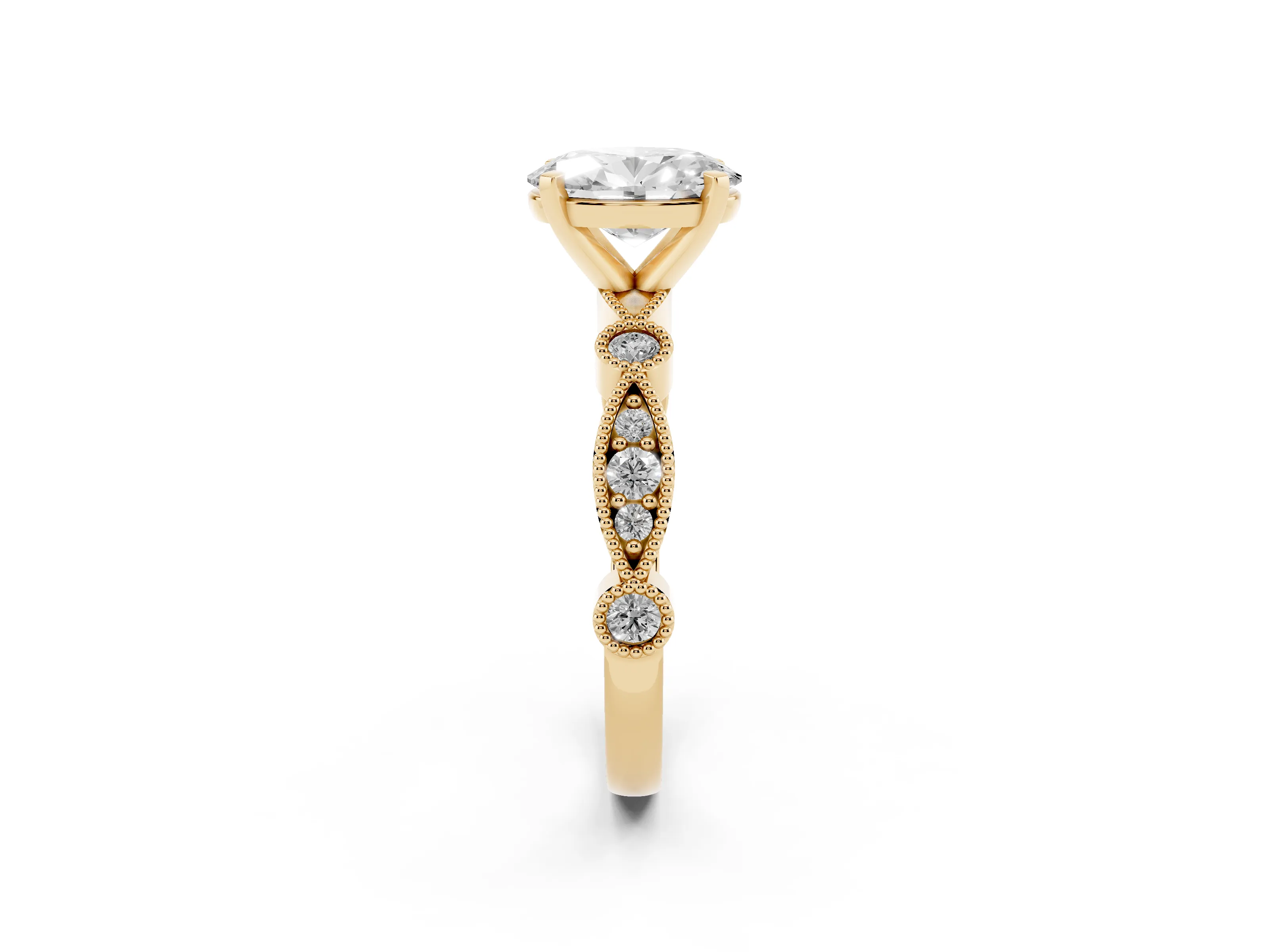 Oval Cut Diamond Solitaire Engagement Ring Set in Yellow gold with Milgrain Bezel Accent Band