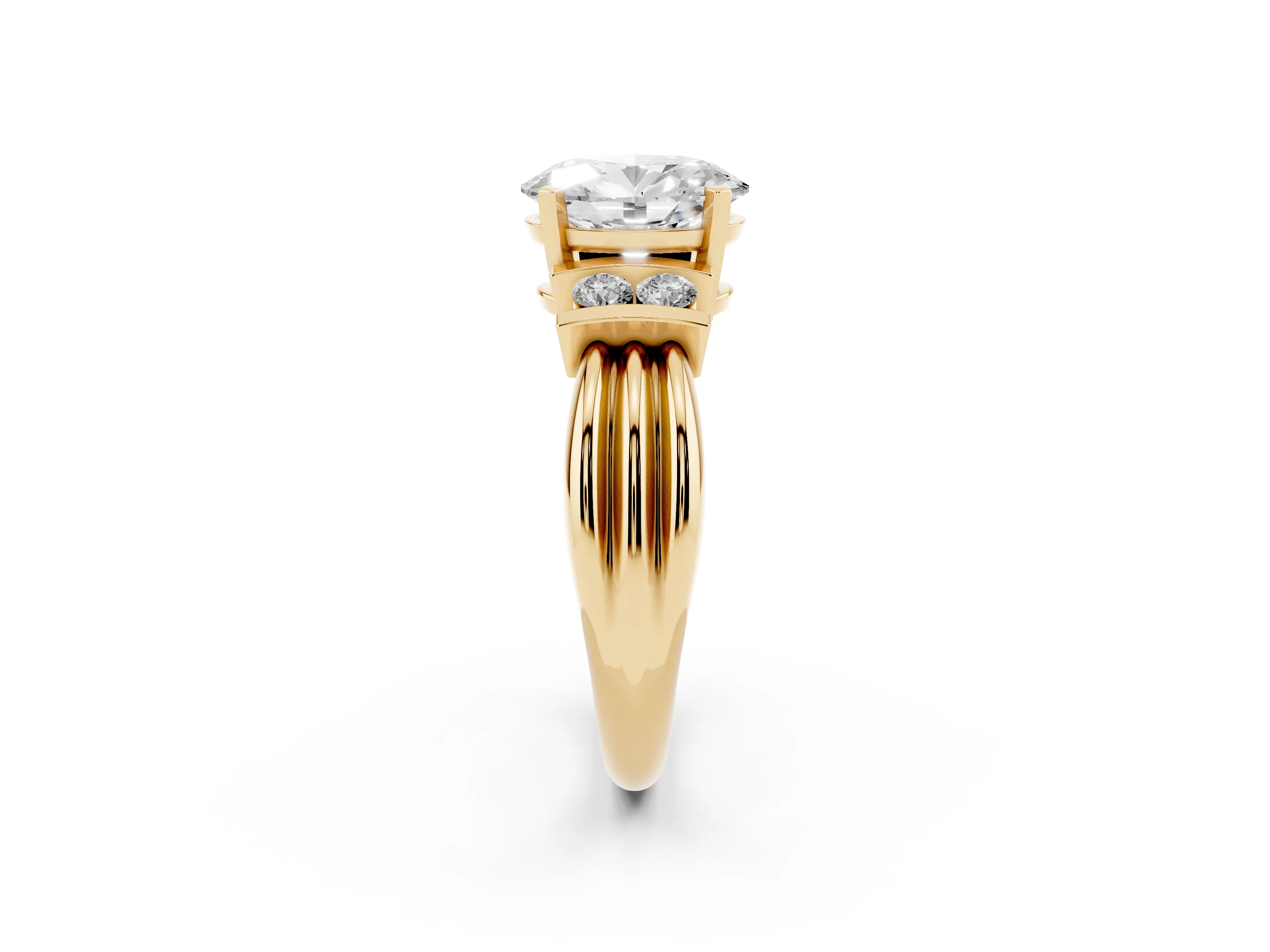 Three-Stone Oval Cut Diamond Channel Set Ring Set in Yellow gold with Bar Prongs