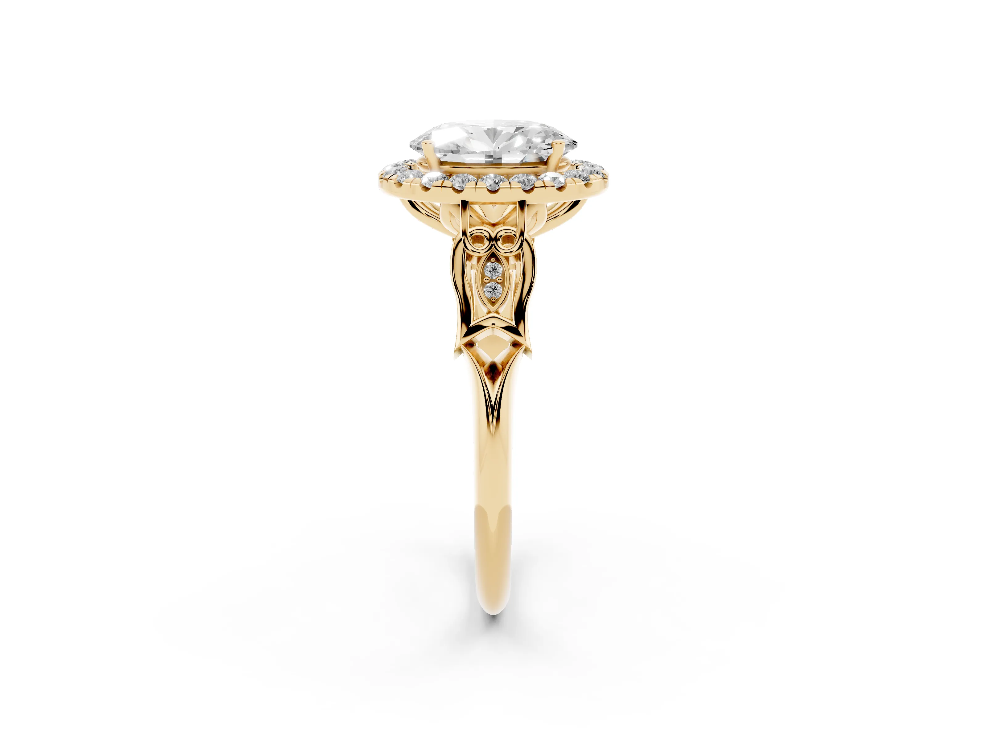 Oval Cut Diamond Halo Engagement Ring Set in Yellow gold with Filigree Band and Prong-Set Center