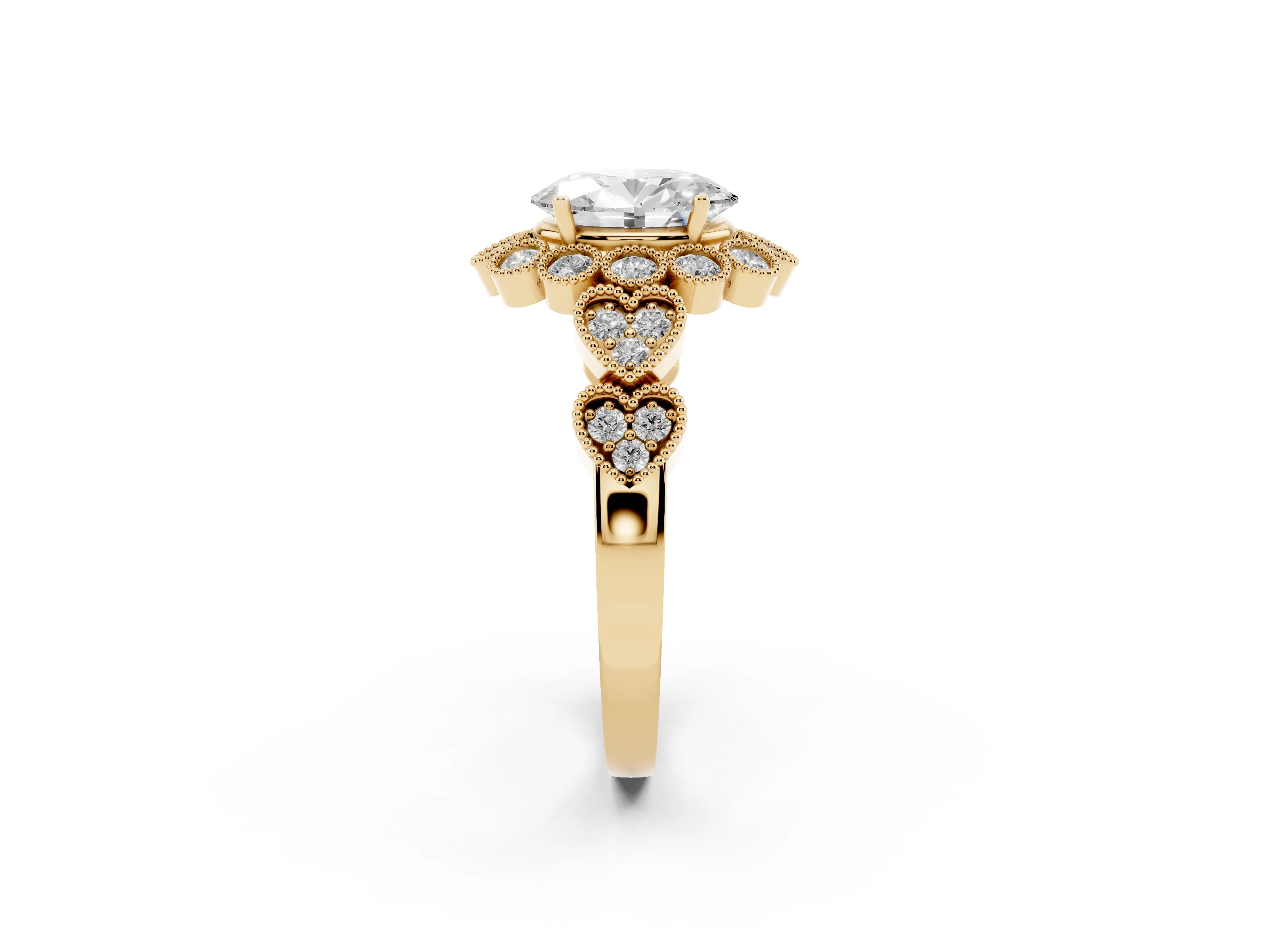 Oval Cut Diamond Solitaire Ring Set in Yellow gold with Milgrain Pavé Heart Band