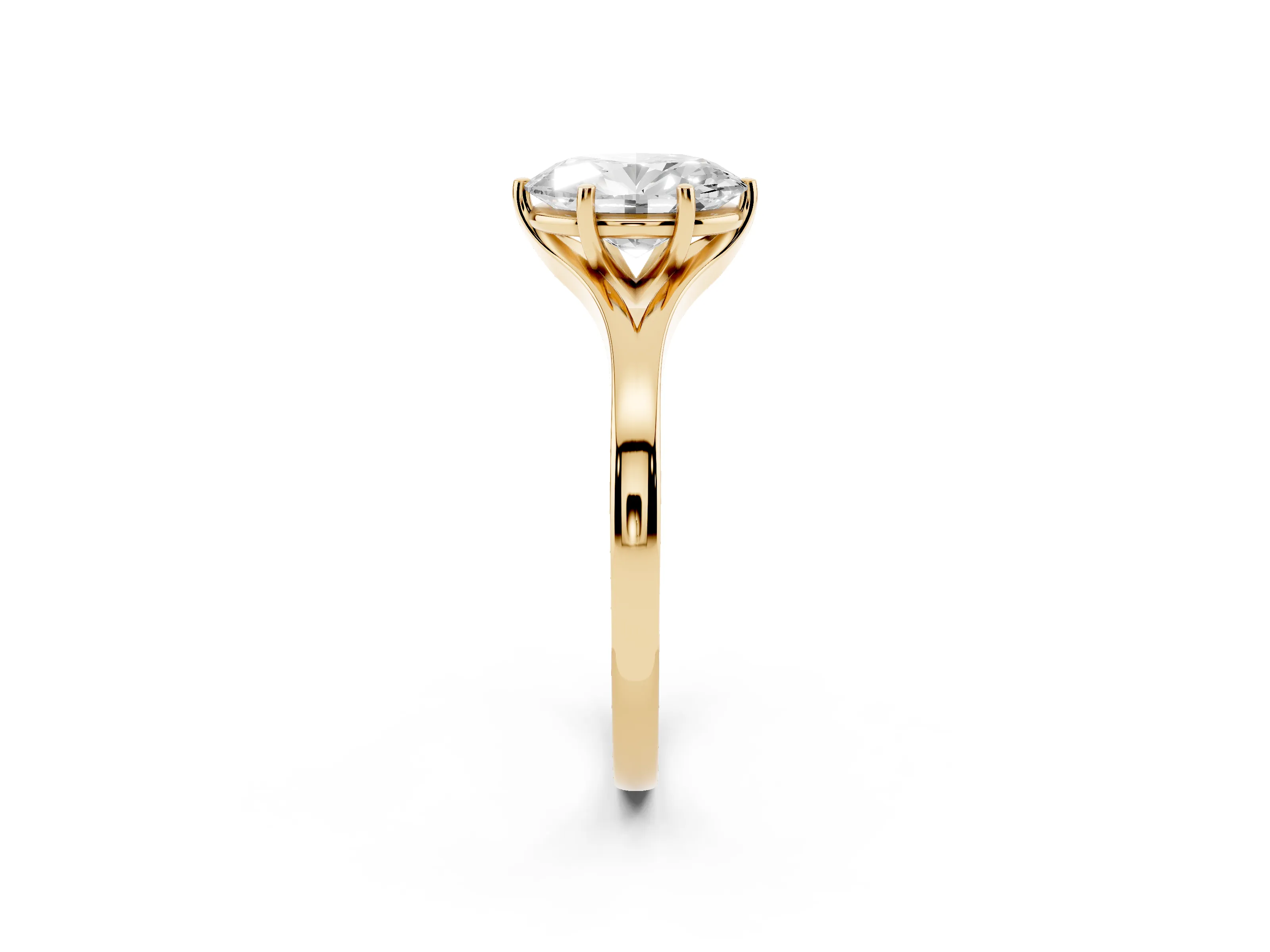 Oval Cut Diamond Solitaire Ring Set in Yellow gold with Polished Tapered Band and Prong Setting