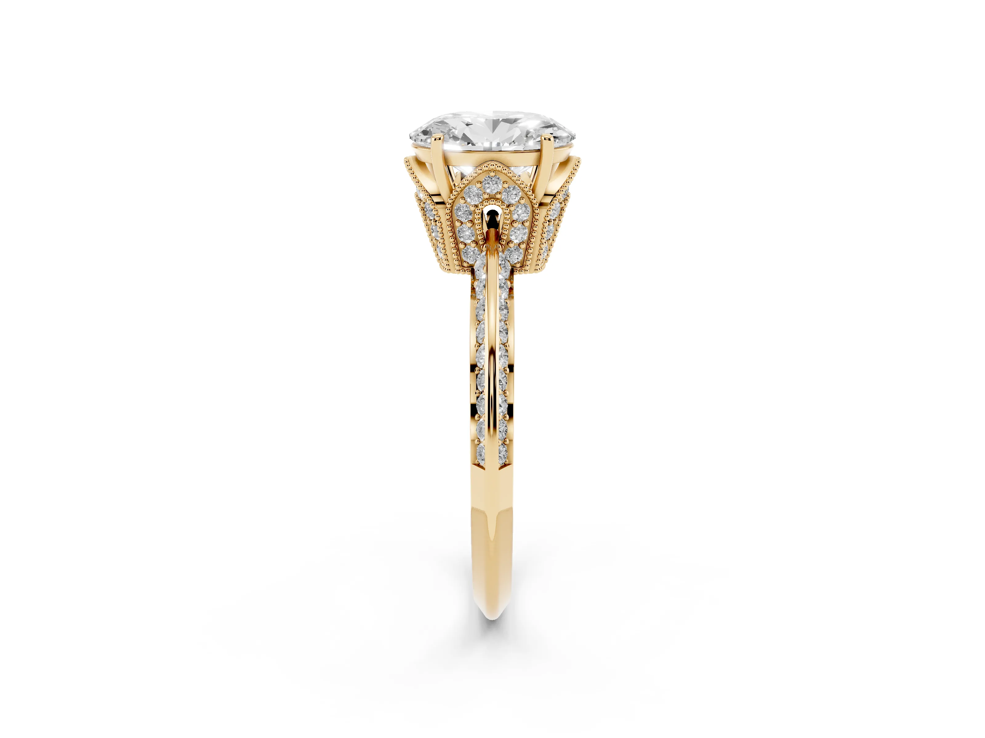Oval Cut Diamond Solitaire Engagement Ring Set in Yellow gold with Pavé Split Shank and Prong Setting