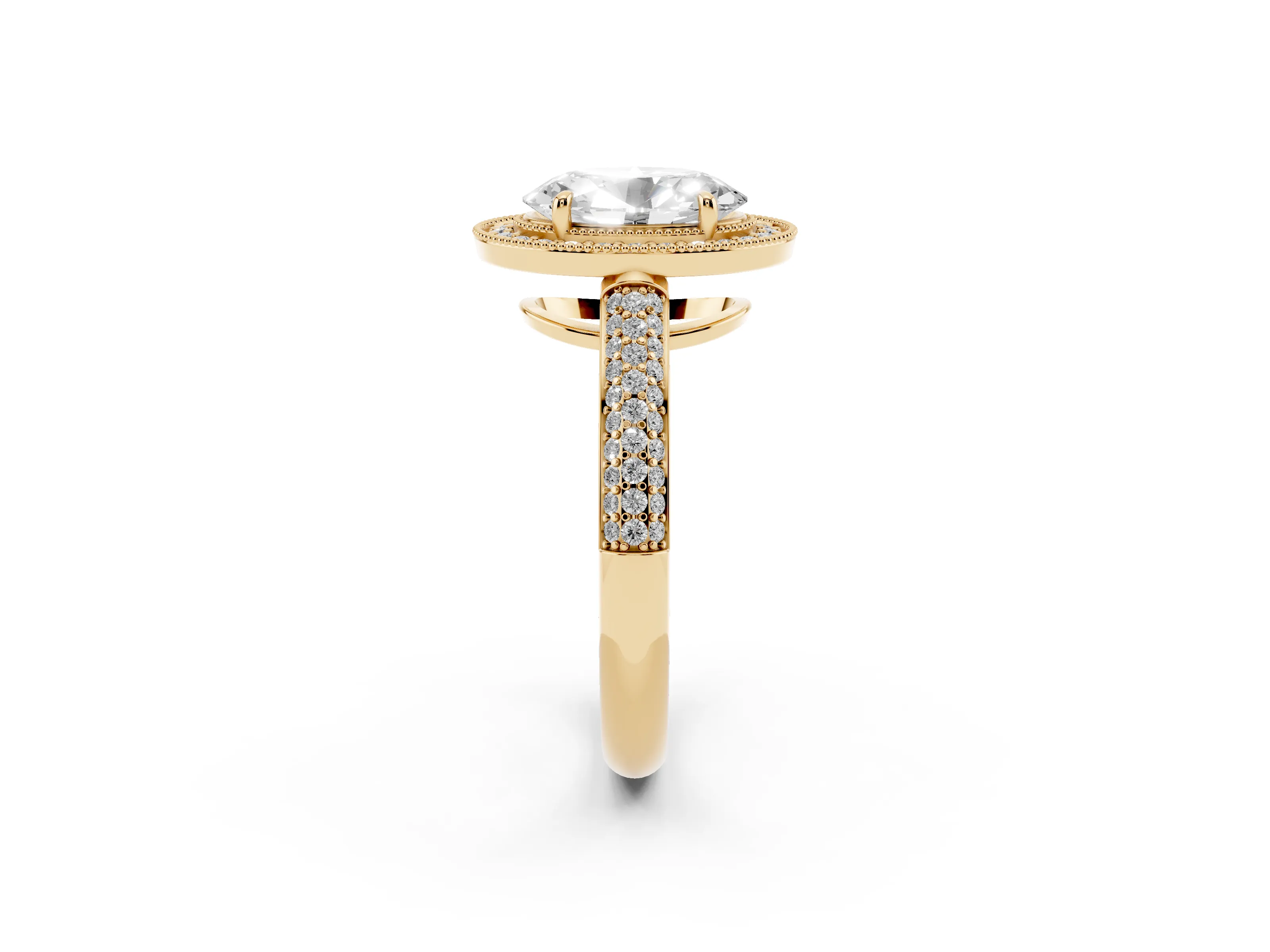 Oval Cut Diamond Halo Pavé Band Set in Yellow gold with Prong Setting