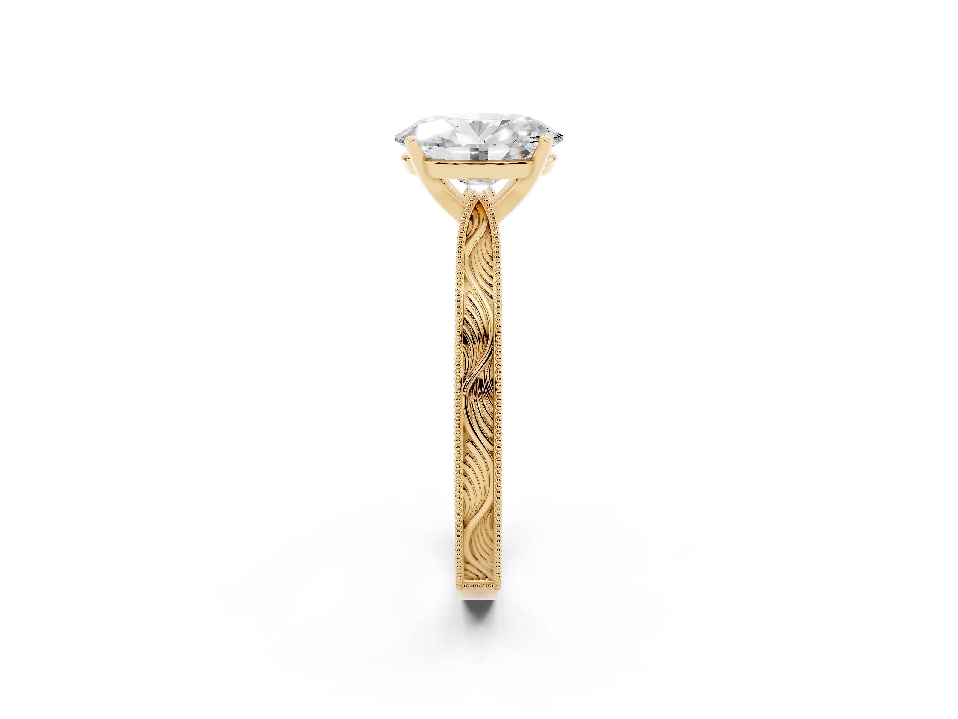 Oval Cut Diamond Solitaire Milgrain Engraved Band Set in Yellow gold with Prong Setting