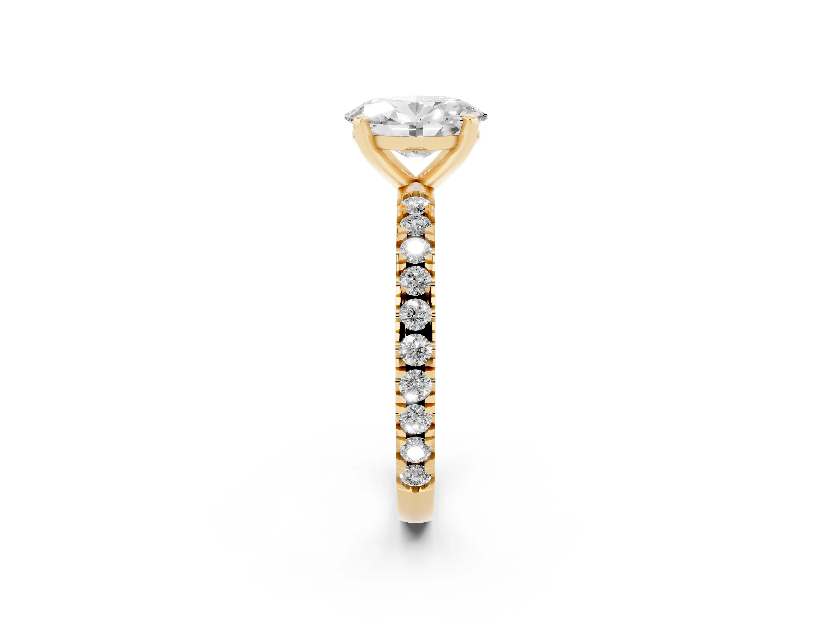 Oval Cut Diamond Pavé Band Solitaire Set in Yellow gold with Prong Setting
