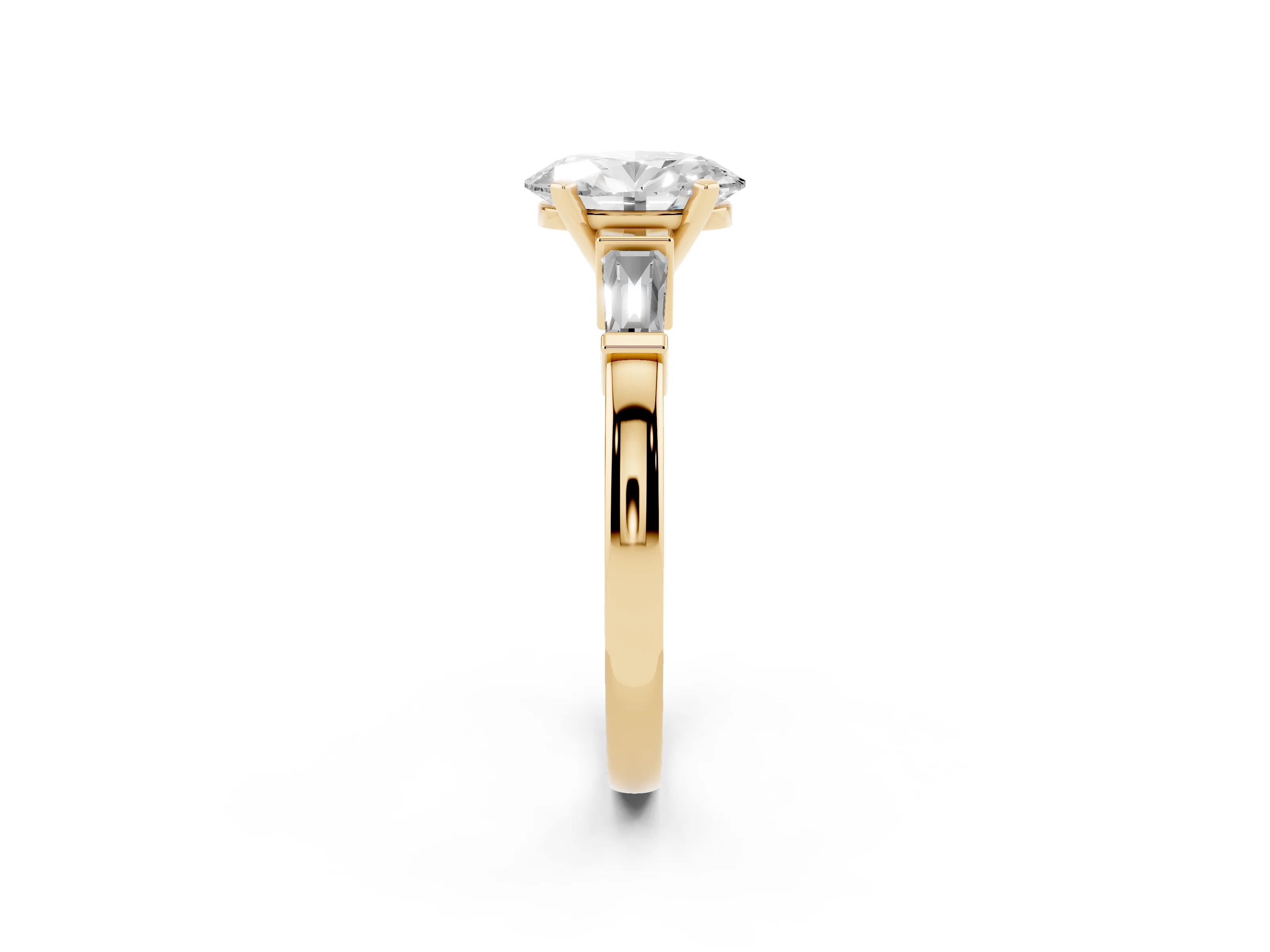 Oval Cut Diamond Solitaire Ring Set in Yellow gold with Tapered Baguette Accents and Prong Setting