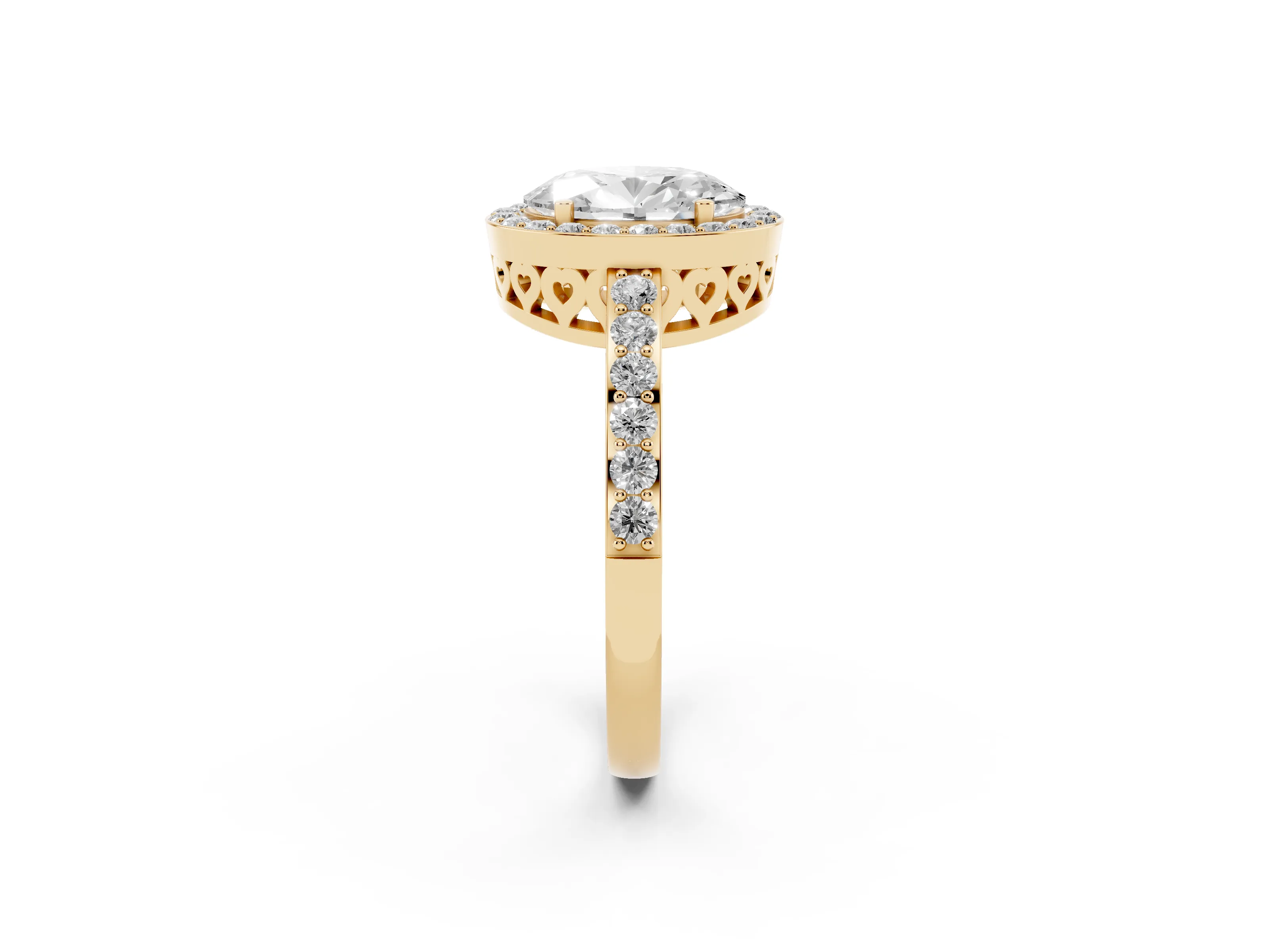 Oval Cut Diamond Halo Ring Set in Yellow gold with Pavé-Setting Band and Open Prong Center