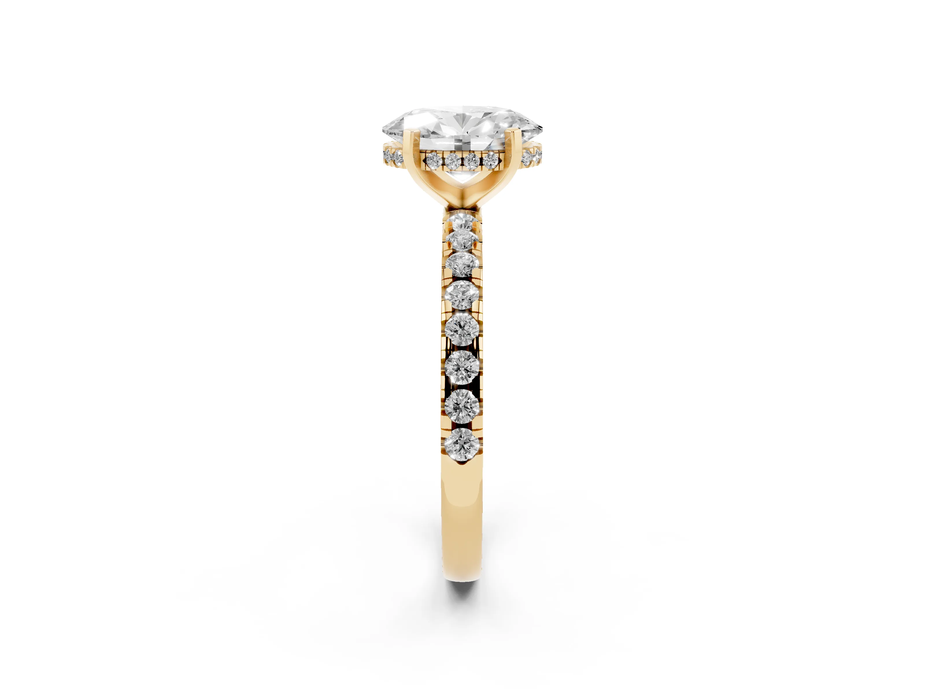 Oval Cut Diamond Pavé Solitaire Ring Set in Yellow gold with Round Band Accents and Prong Setting