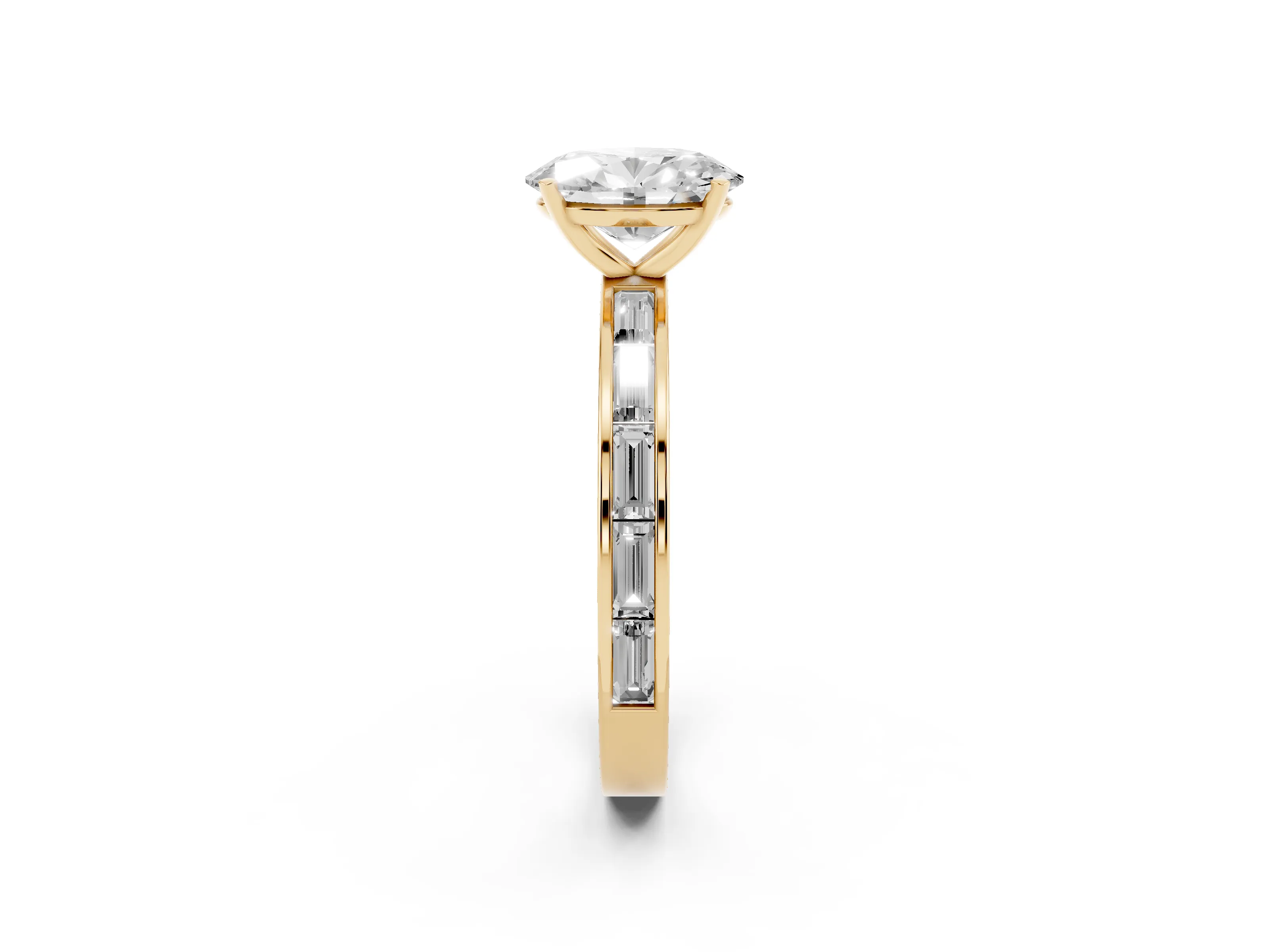 Oval Cut Diamond Solitaire Ring Set in Yellow gold with Channel-Set Baguette Band and Prong Setting