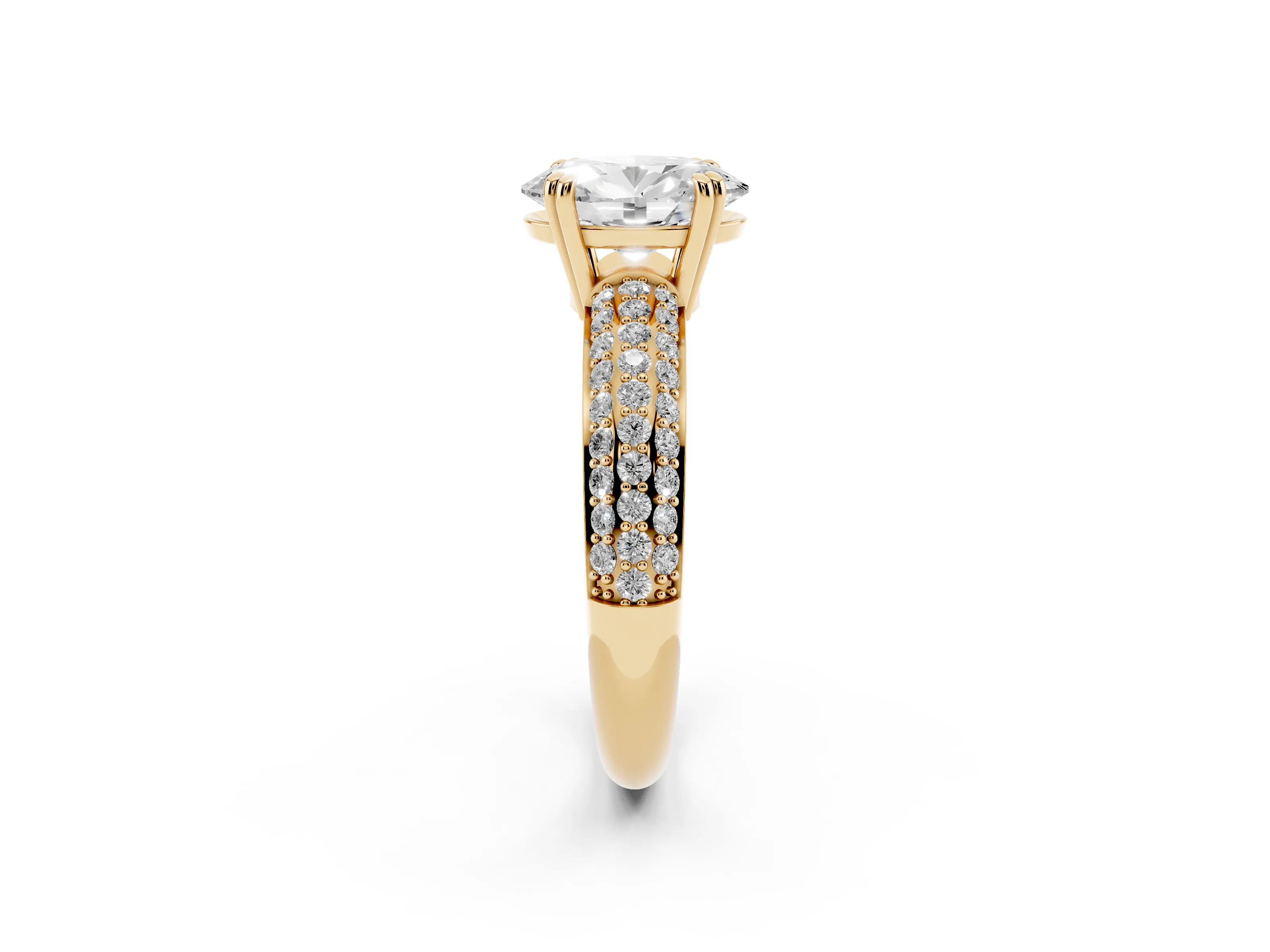 Oval Cut Diamond Solitaire Ring Set in Yellow gold with Multi-Row Round Pavé Band and Prong Setting