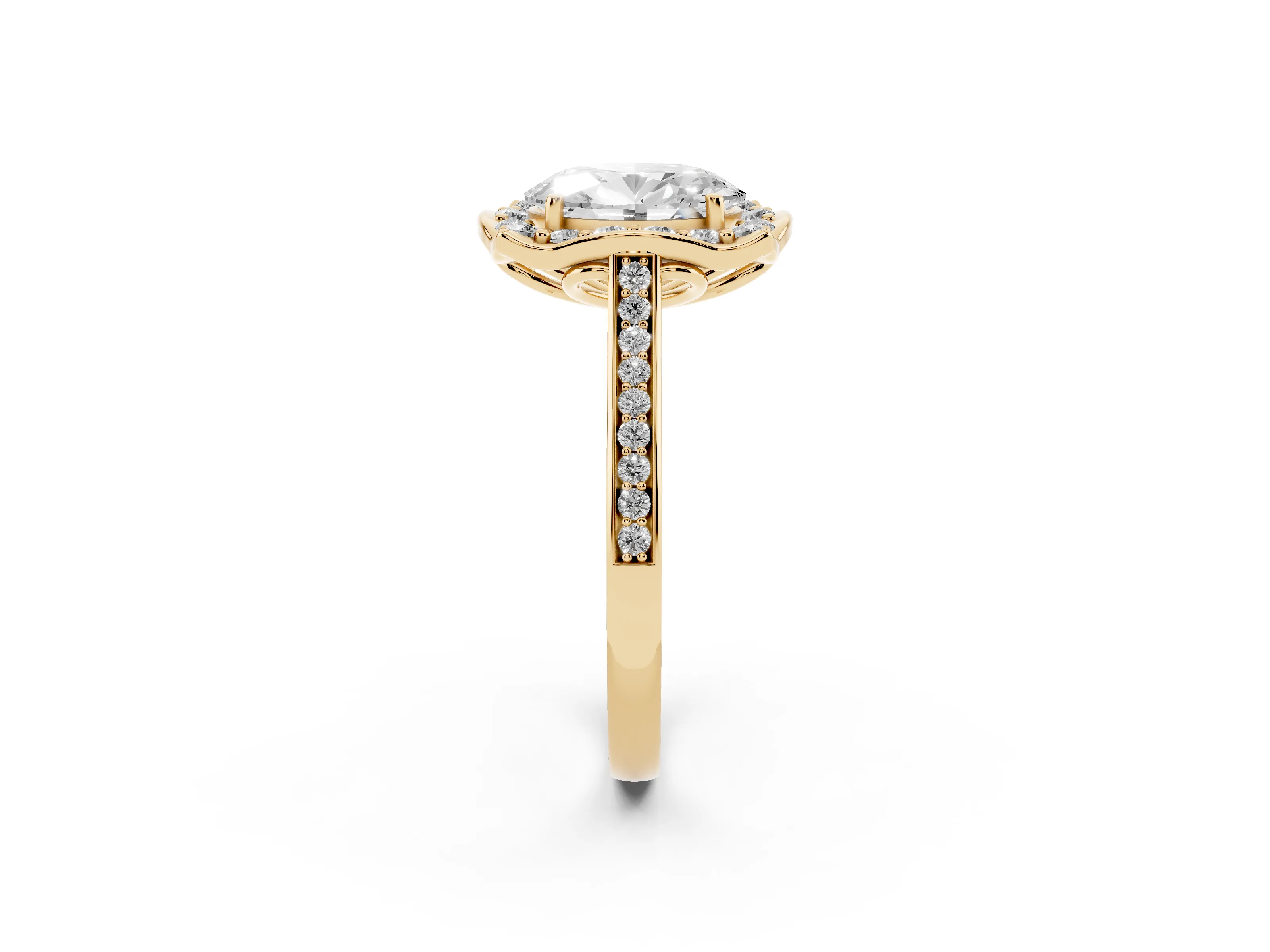 Oval Cut Diamond Halo Ring Set in Yellow gold with Pavé-Lined Shoulders and Prong Setting