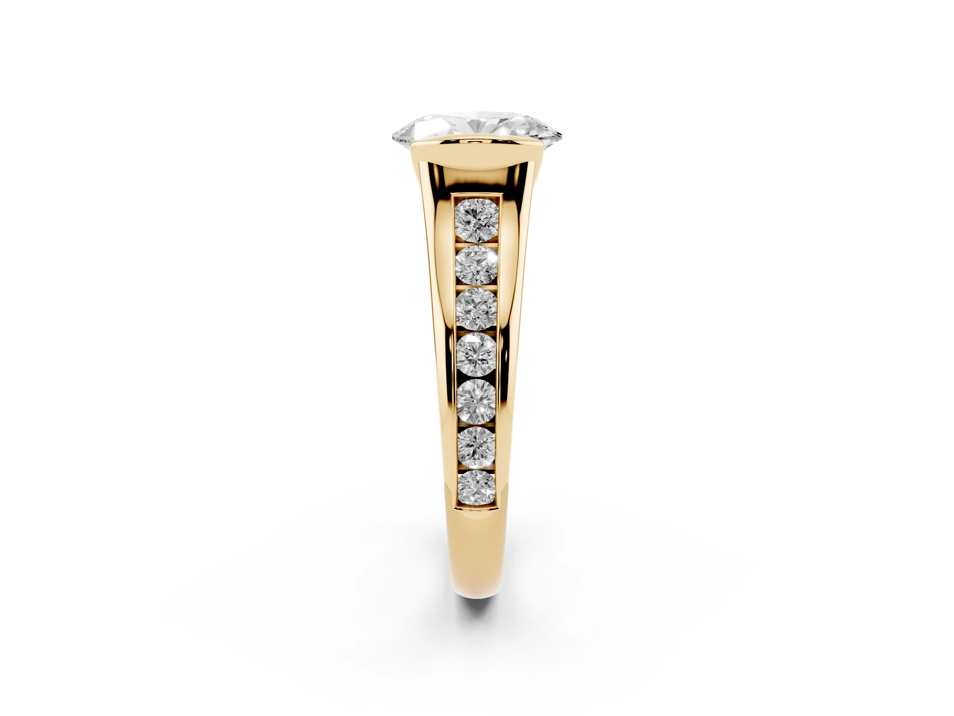 Oval Cut Diamond Bezel-Set Solitaire Ring Set in Yellow gold with Channel-Set Band