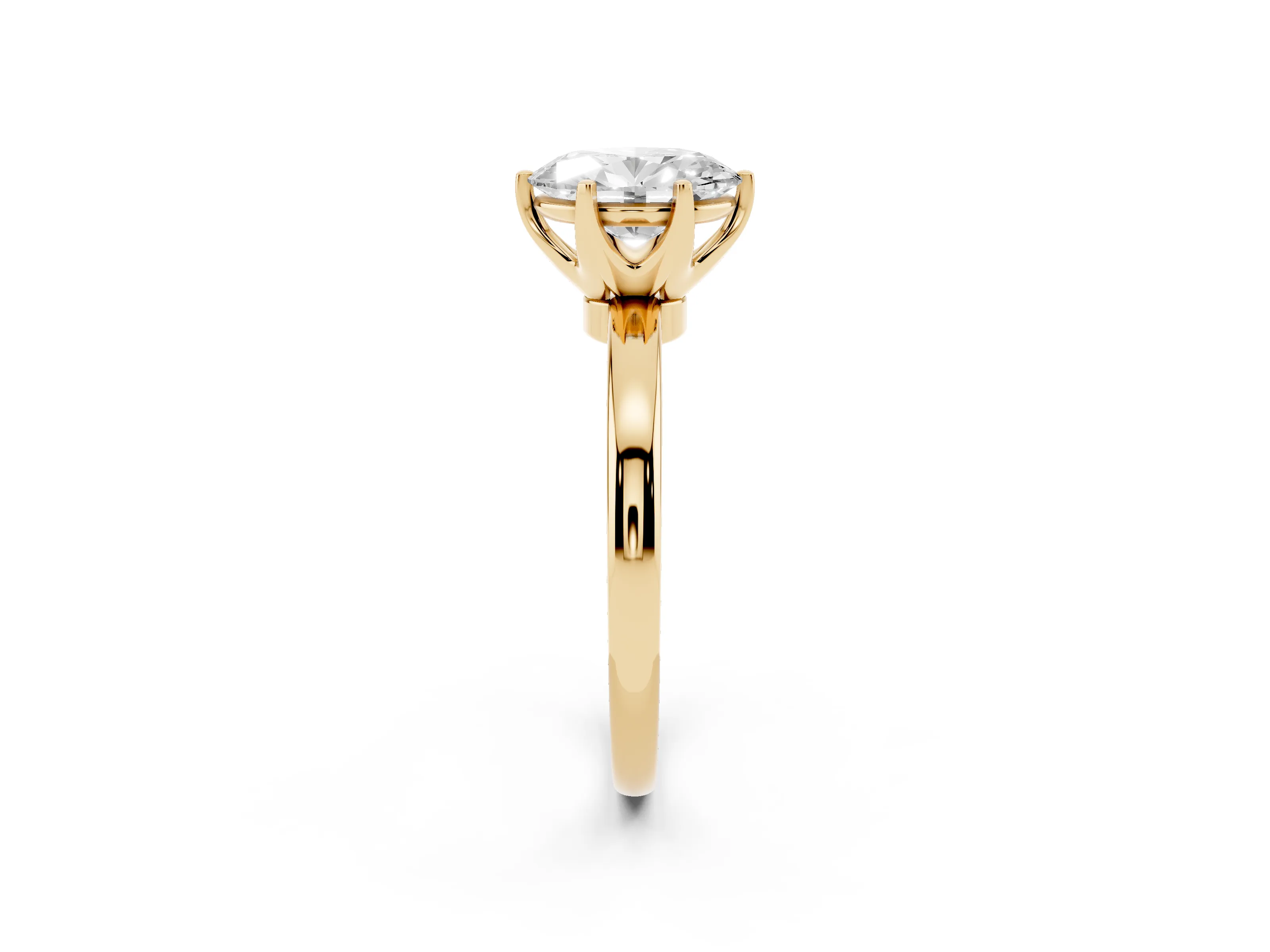 Oval Cut Diamond Solitaire Ring Set in Yellow gold with Raised Prong Setting on a Classic Band
