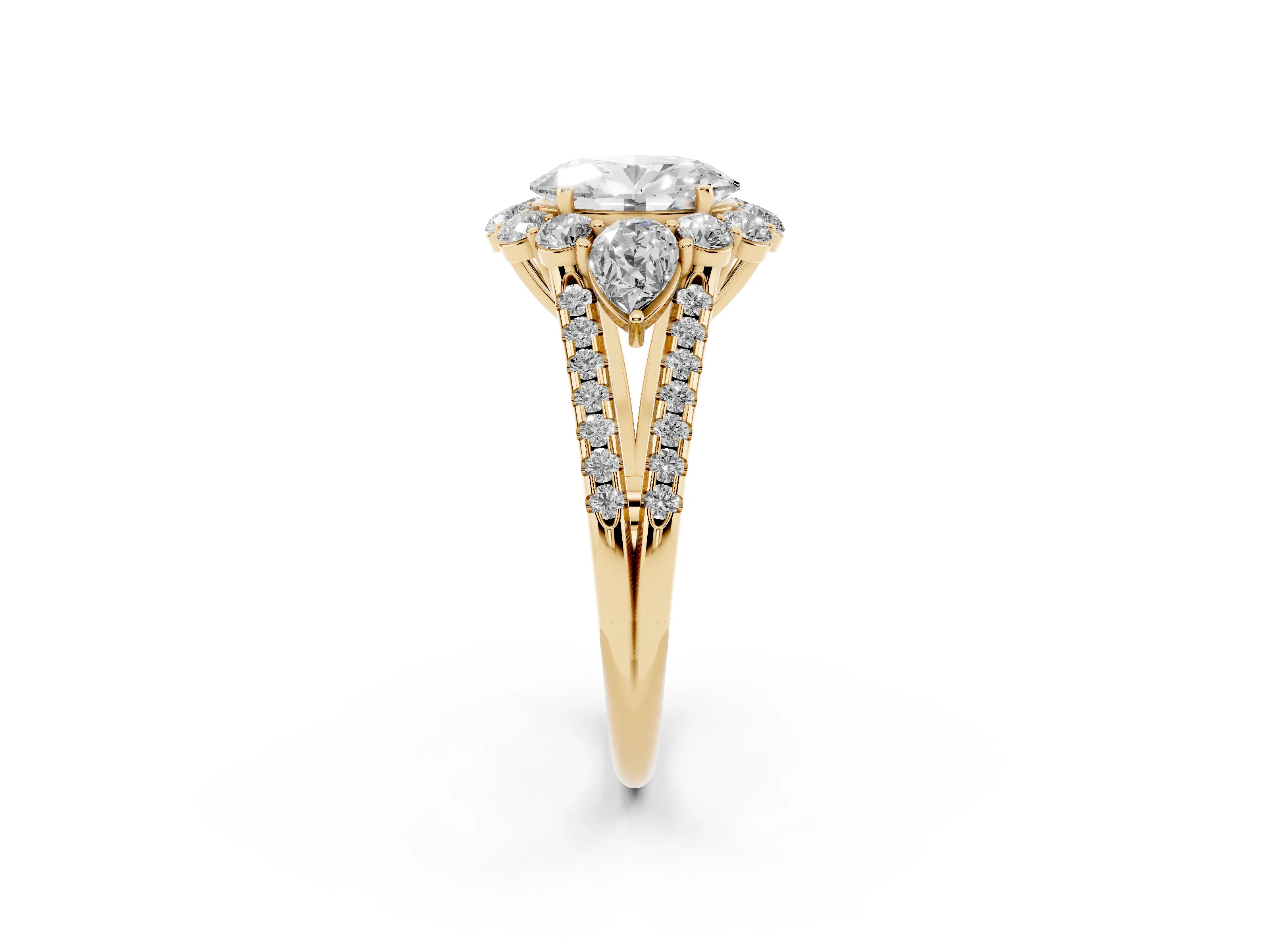 Oval Cut Diamond Halo Split Shank Engagement Ring Set in Yellow gold with Prong-Held Center Stone