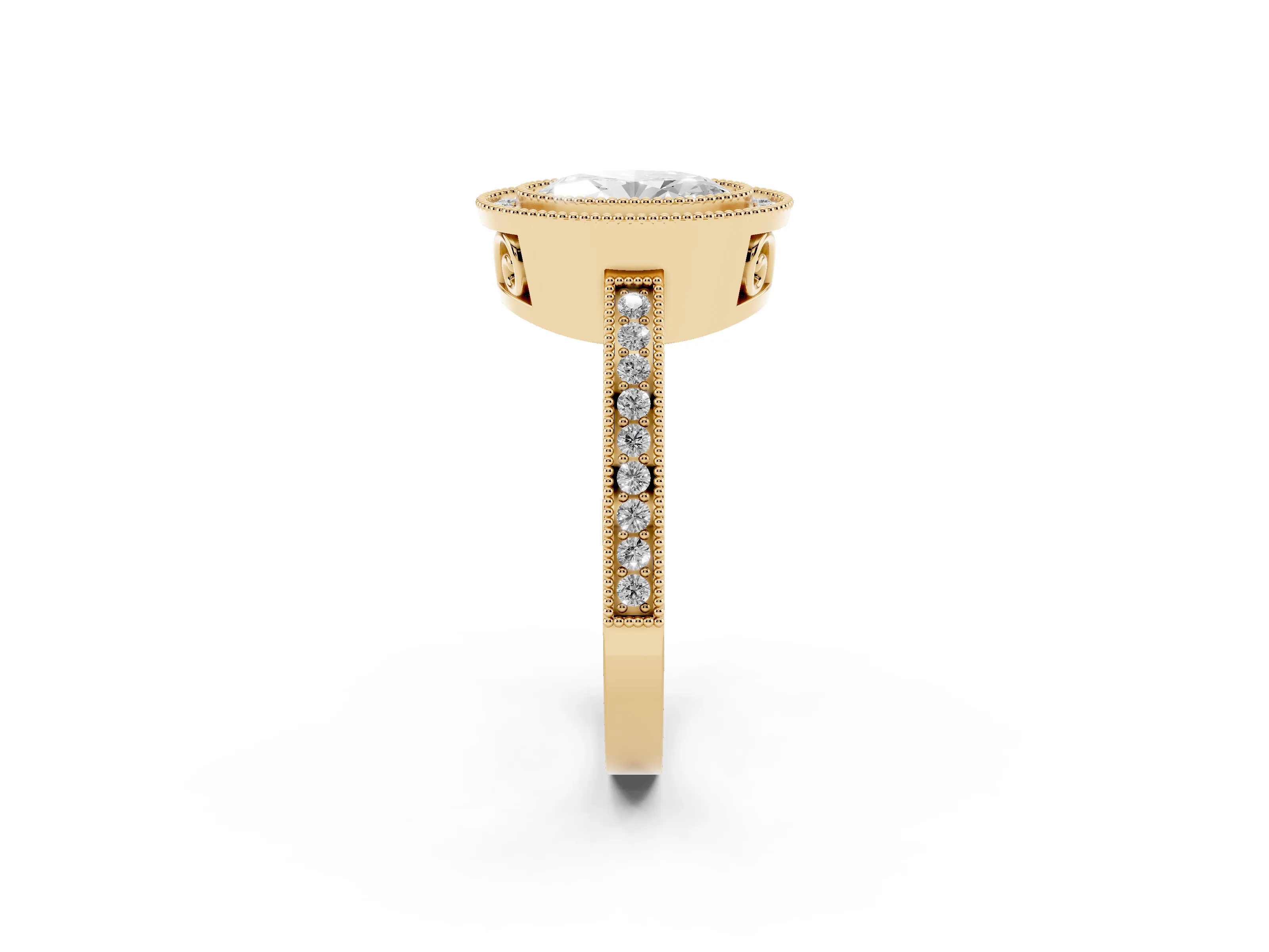 Oval Cut Diamond Halo Ring Set in Yellow gold with Pavé Band and Milgrain-Edged Prongs