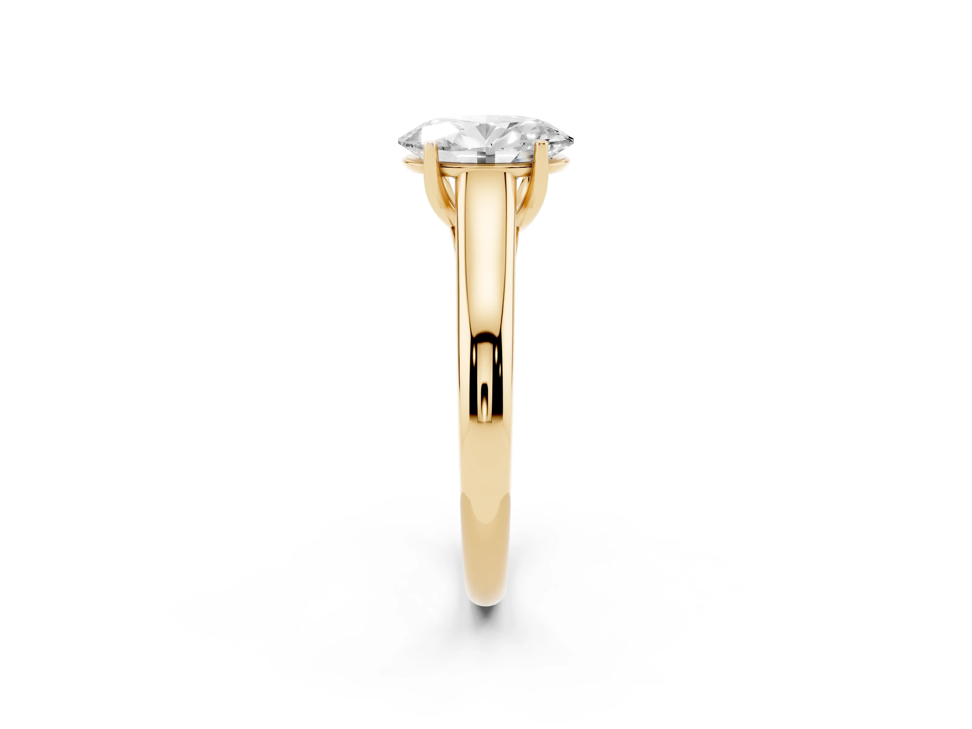 Oval Cut Diamond Solitaire Engagement Ring Set in Yellow gold with Subtly Tapered Band and Prong Setting