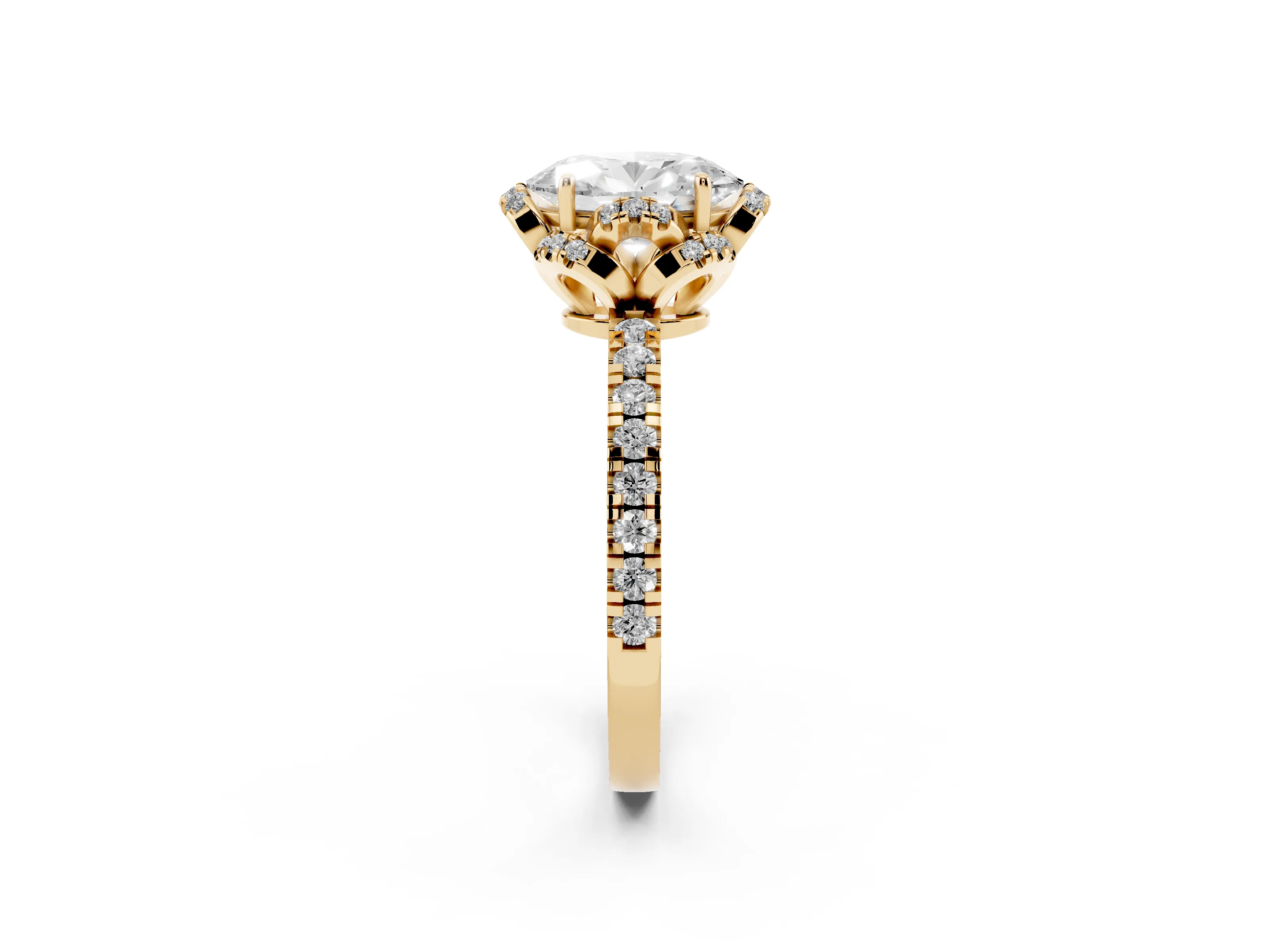 Oval Cut Diamond Halo Pavé Band Ring Set in Yellow gold with Prong-Held Center
