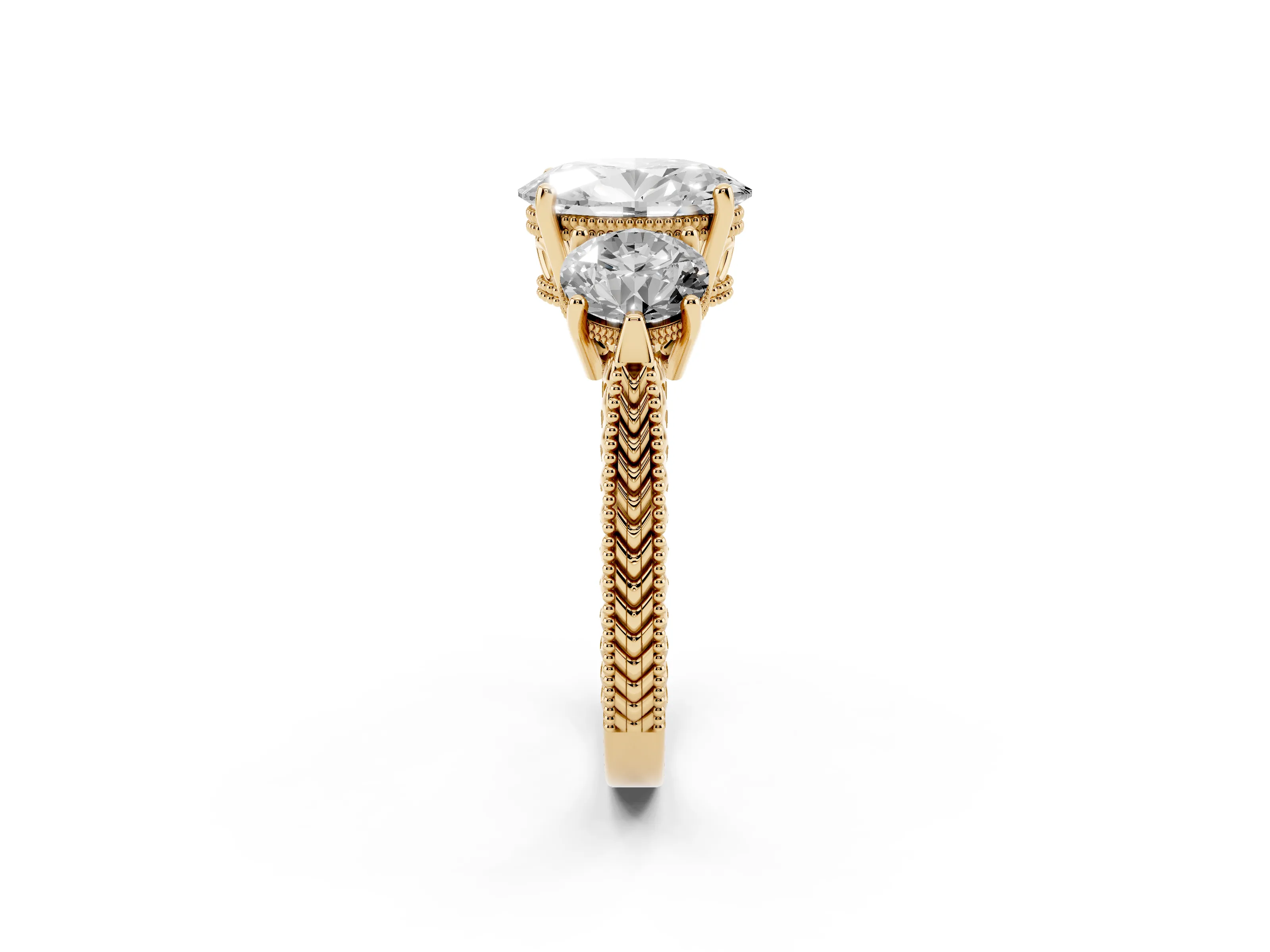 Oval Cut Diamond Three-Stone Ring Set in Yellow gold with Milgrain Band
