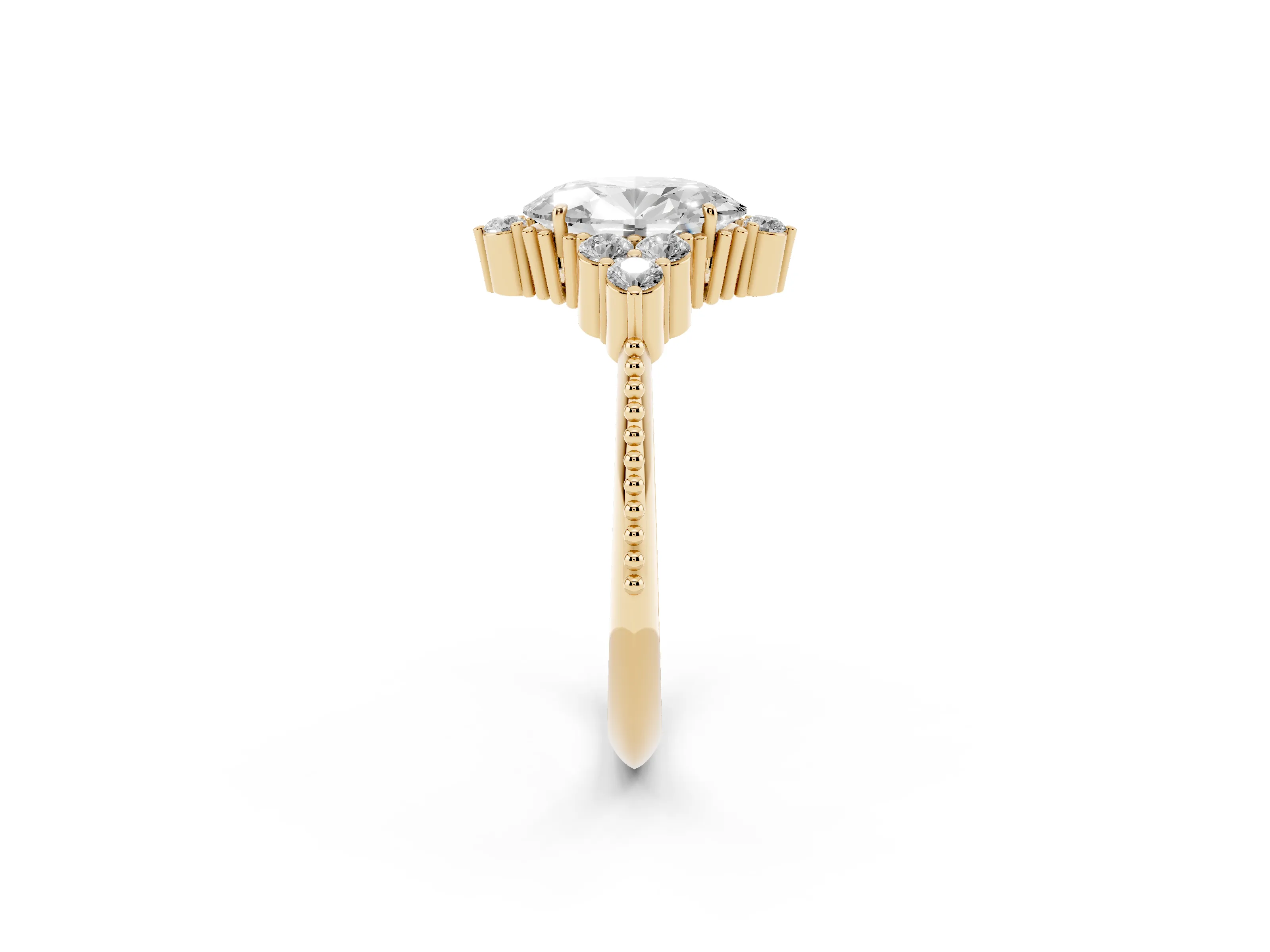 Oval Cut Diamond Cluster Ring Set in Yellow gold with Beaded Band