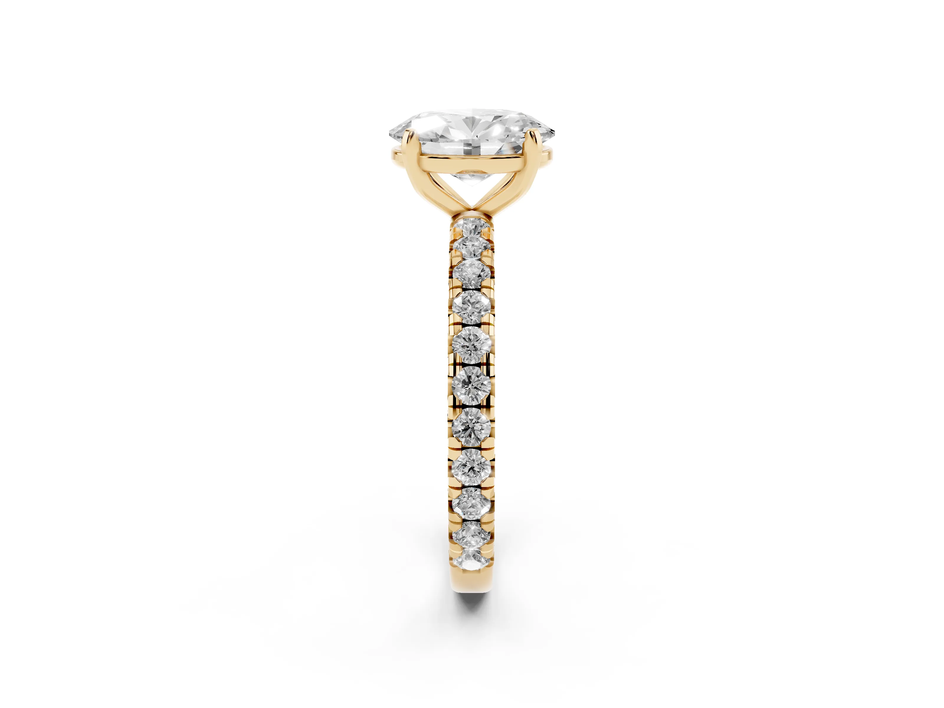 Oval Cut Diamond Pavé Solitaire Ring Set in Yellow gold with Round Band and Prong Setting