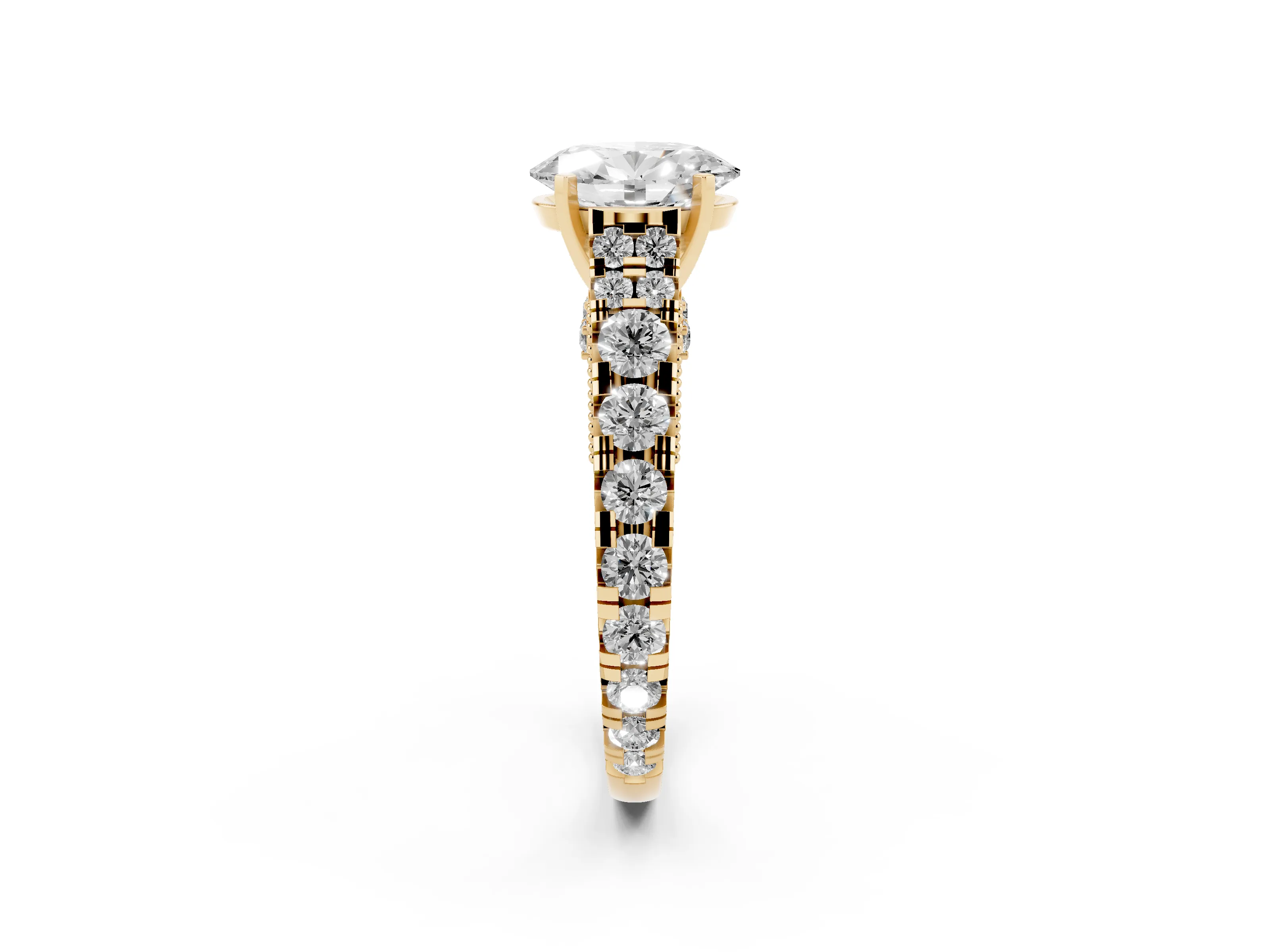 Oval Cut Diamond Classic Solitaire Ring Set in Yellow gold with Pavé Band and Prong Setting