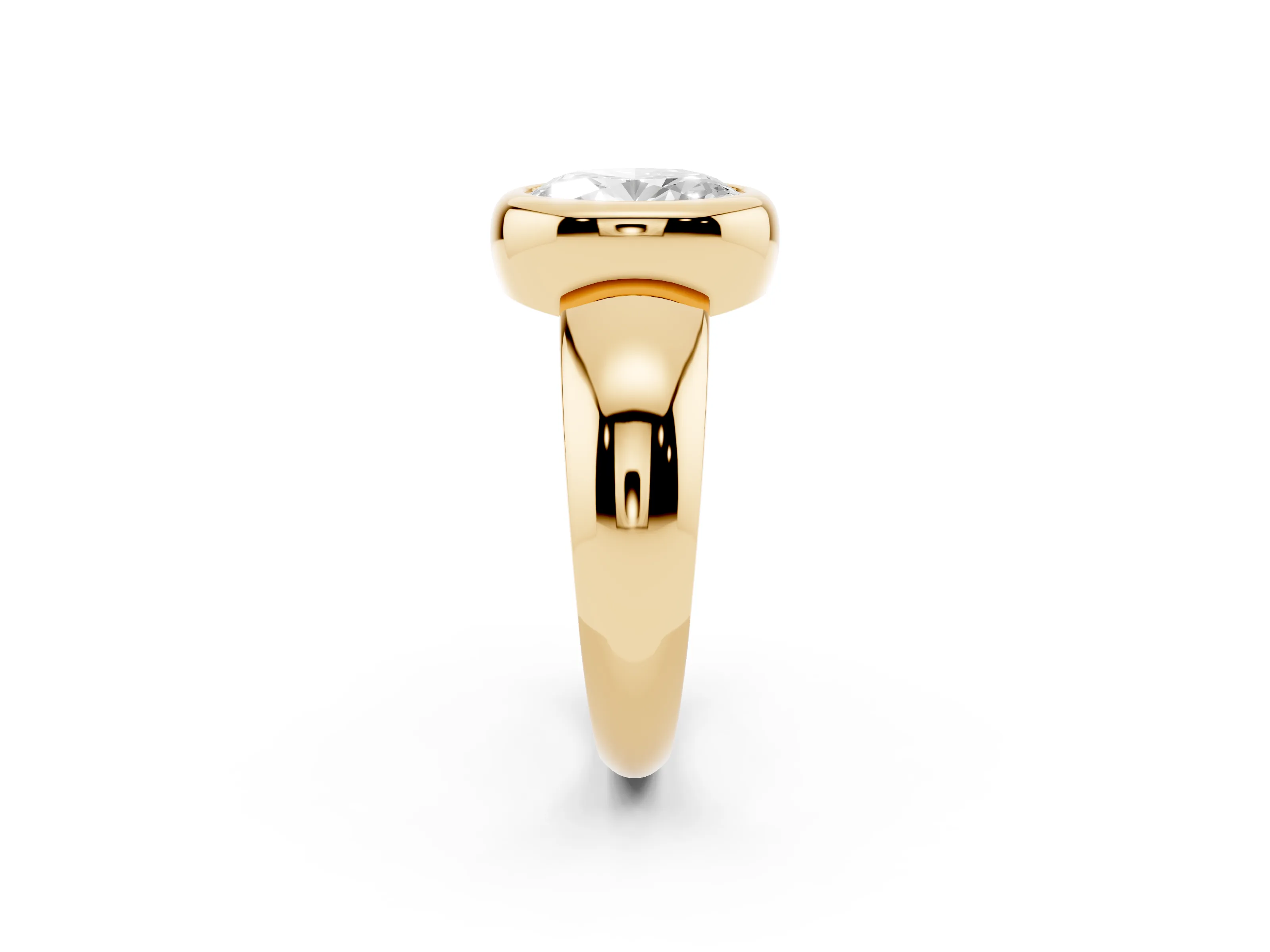 Bezel Set Oval Cut Diamond Solitaire Ring Set in Yellow gold with Wide Band