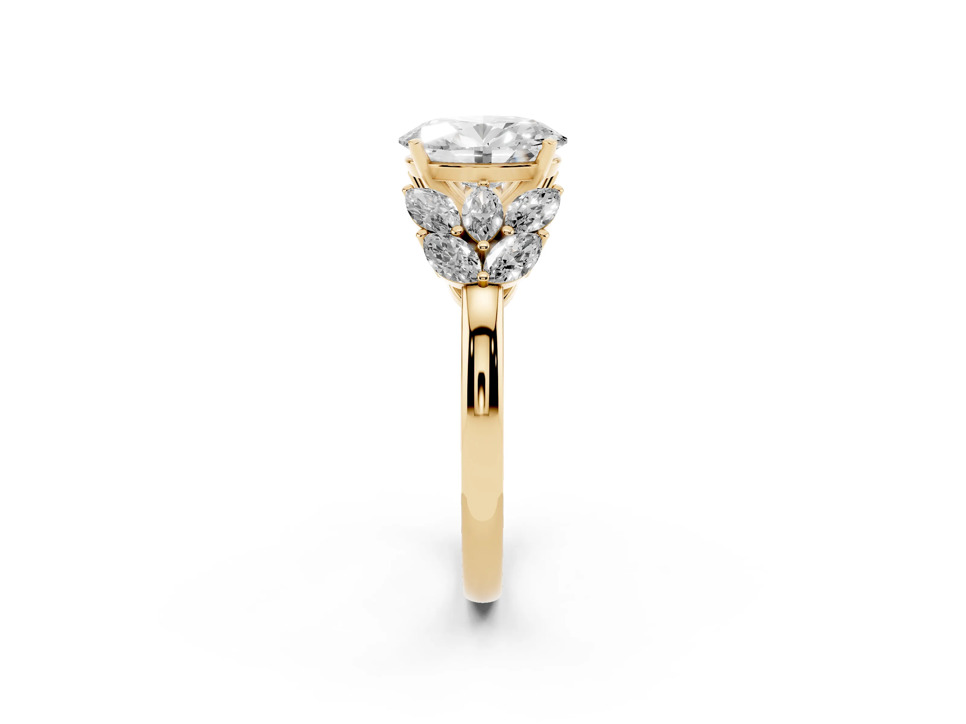 Oval Cut Diamond Cluster Leaf Design Ring Set in Yellow gold with Prong Setting