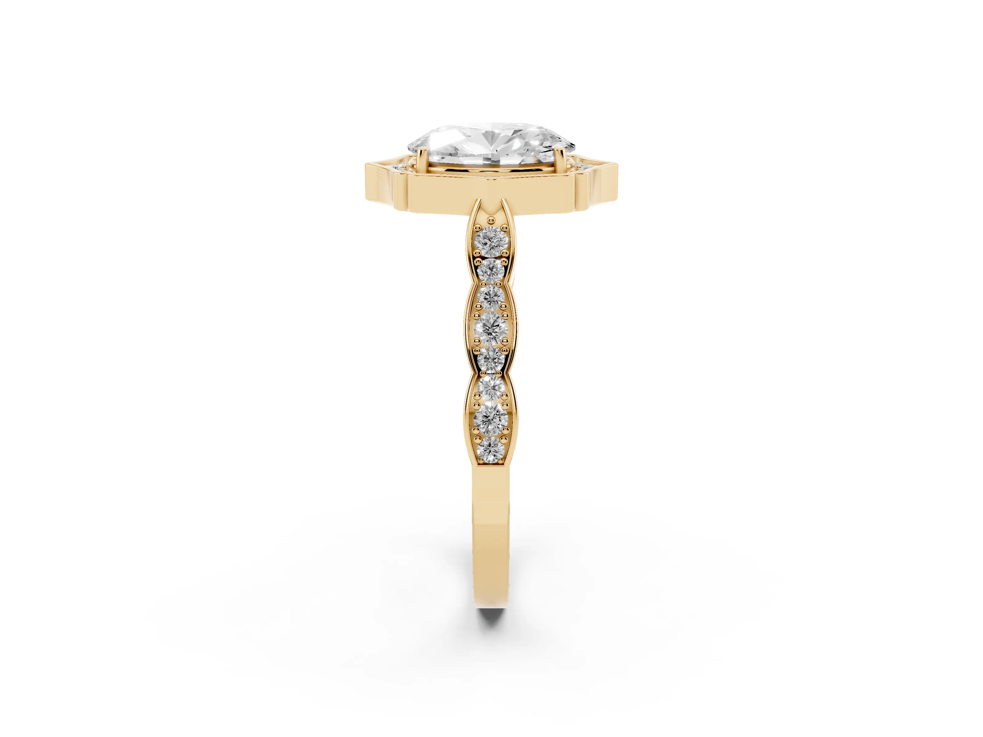 Oval Cut Diamond Halo Engagement Ring Set in Yellow gold with Milgrain Band and Prong Setting