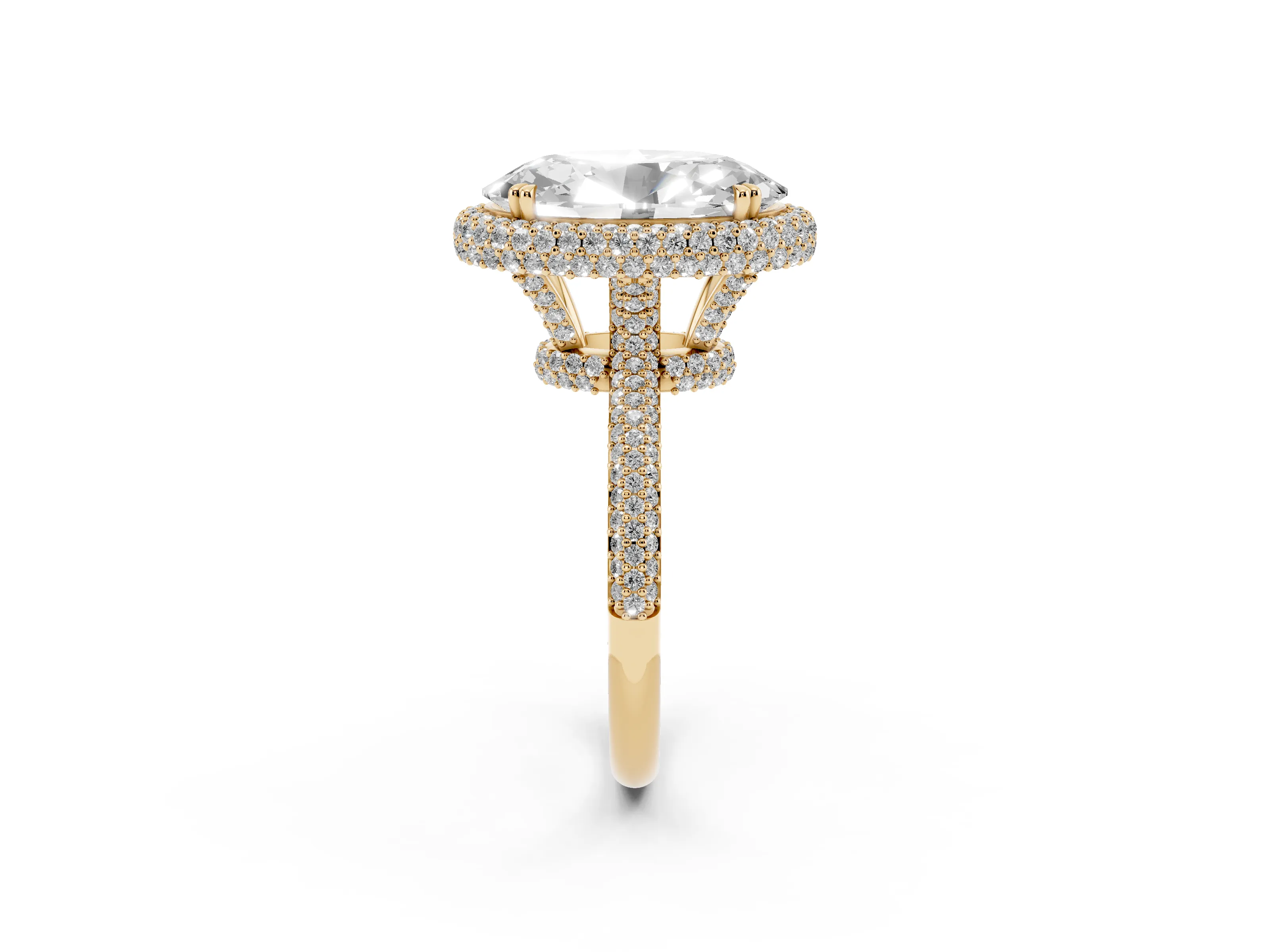 Oval Diamond Halo Ring Set in Yellow gold with Round Accent Halo and Pavé Band