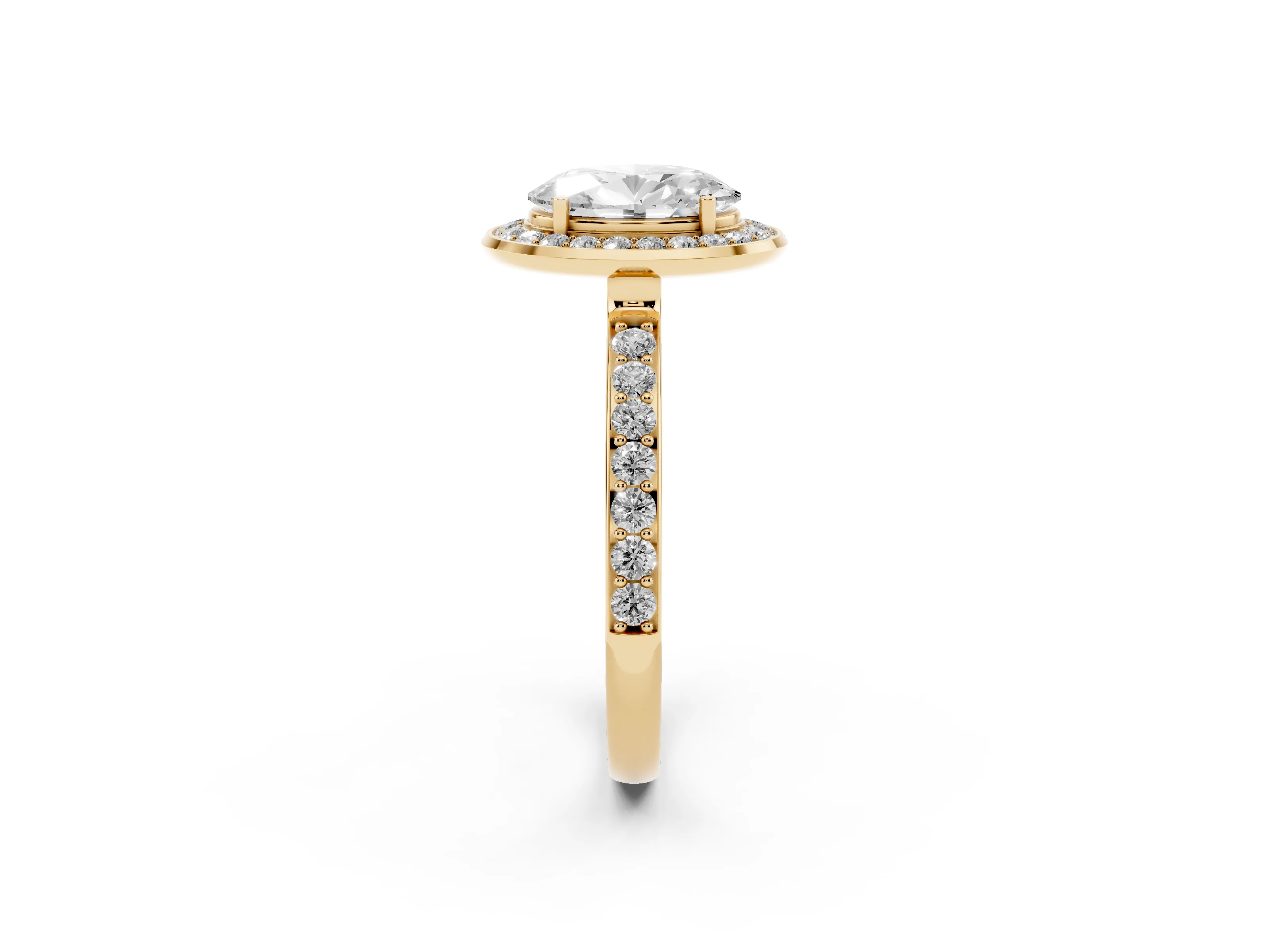 Oval Cut Diamond Halo Ring Set in Yellow gold with Bezel Frame and Pavé Band