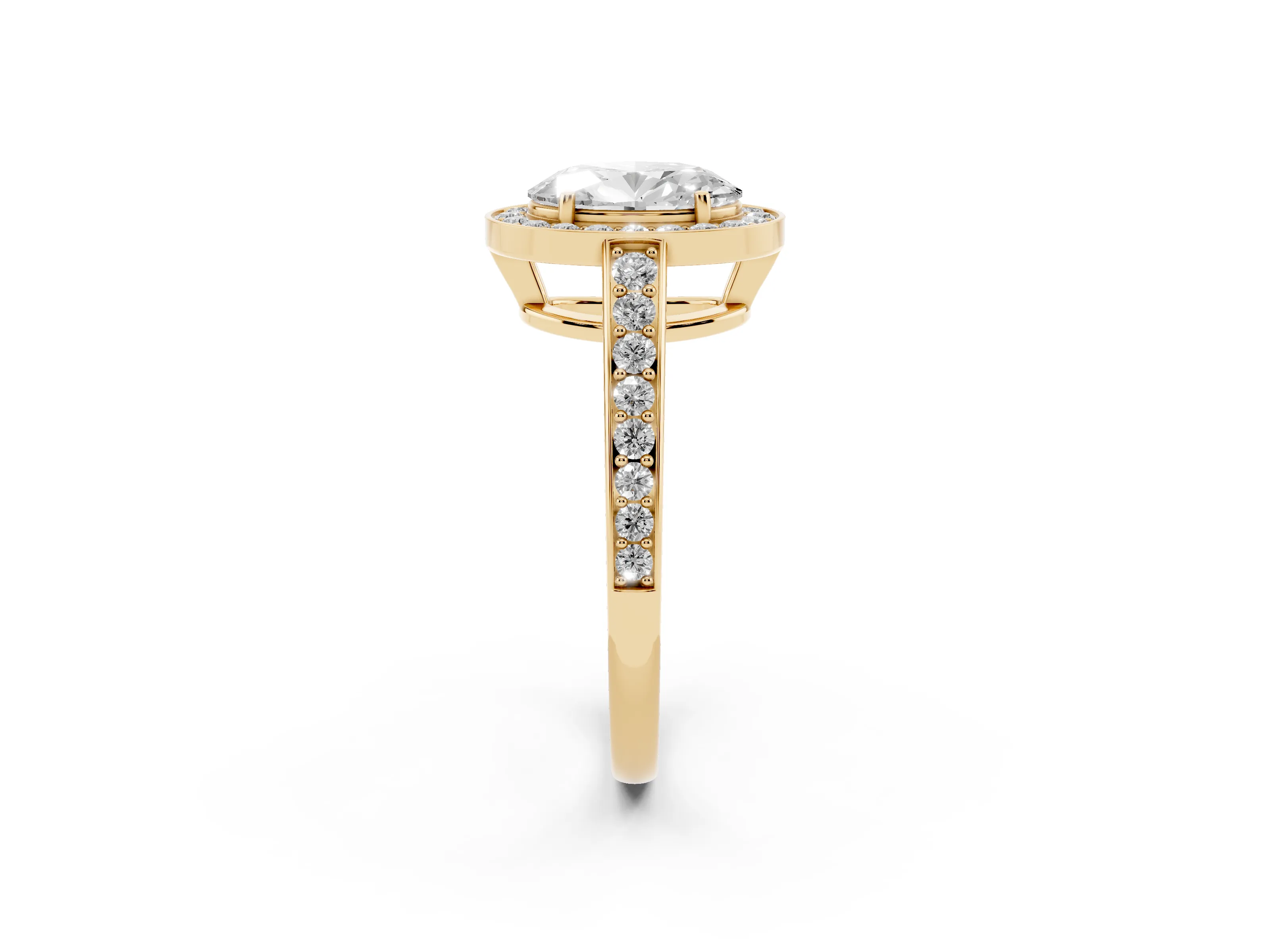 Oval Cut Diamond Halo Pavé Engagement Ring Set in Yellow gold with Bezel Setting